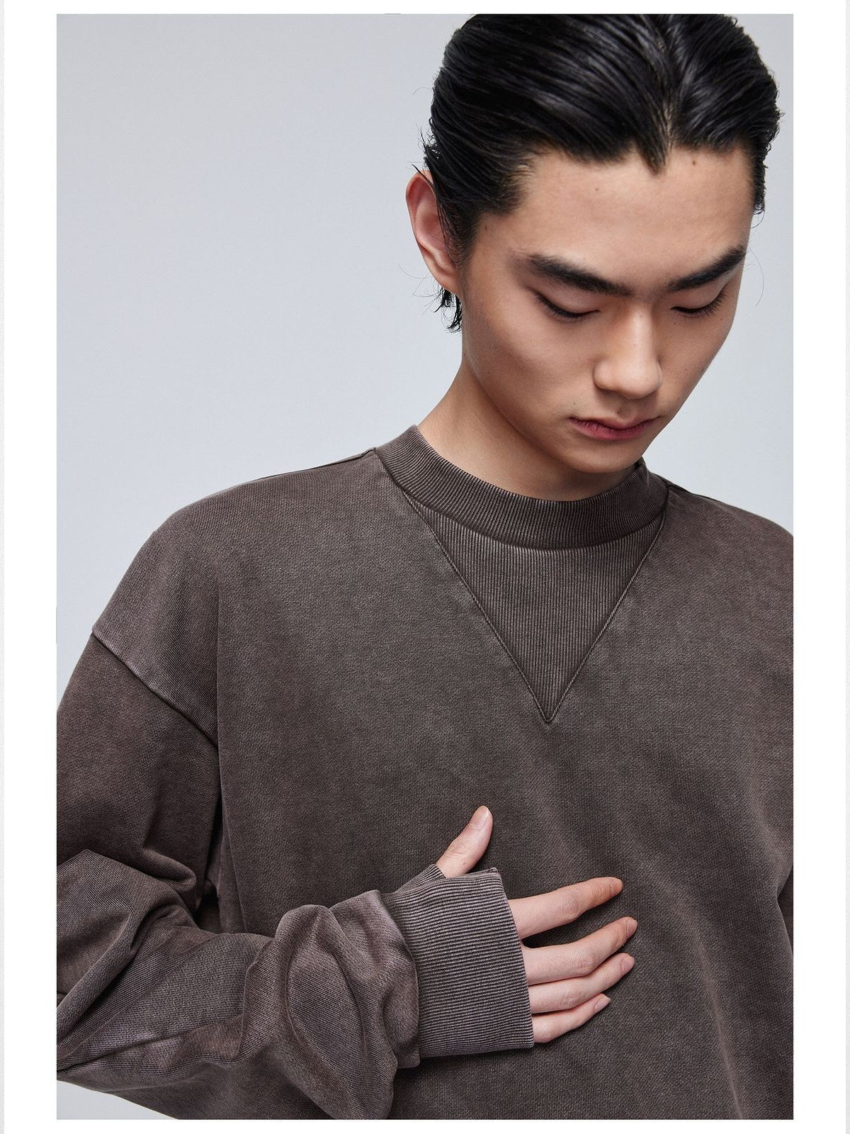 Simple Project Faded V Insert Sweatshirt in Beige - On Model