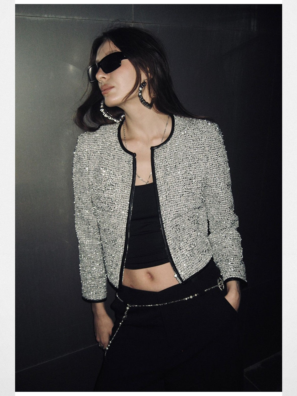 RARELY ALIKE Silver Sequin Tweed Cropped Jacket in Silver - On Model