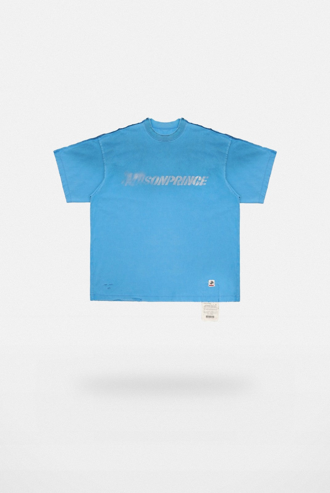 MASONPRINCE Distressed Spray Paint Logo Tee in Sky Blue