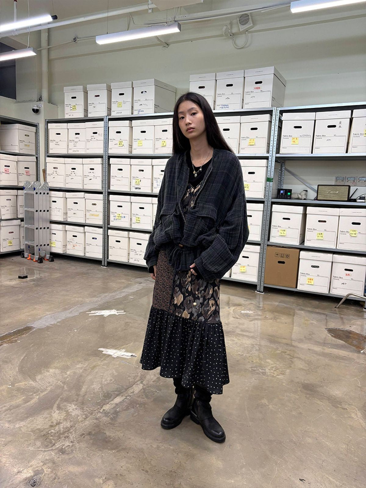 NeverSeez Linen Cotton Plaid Zip Jacket in Gray - On Female Model