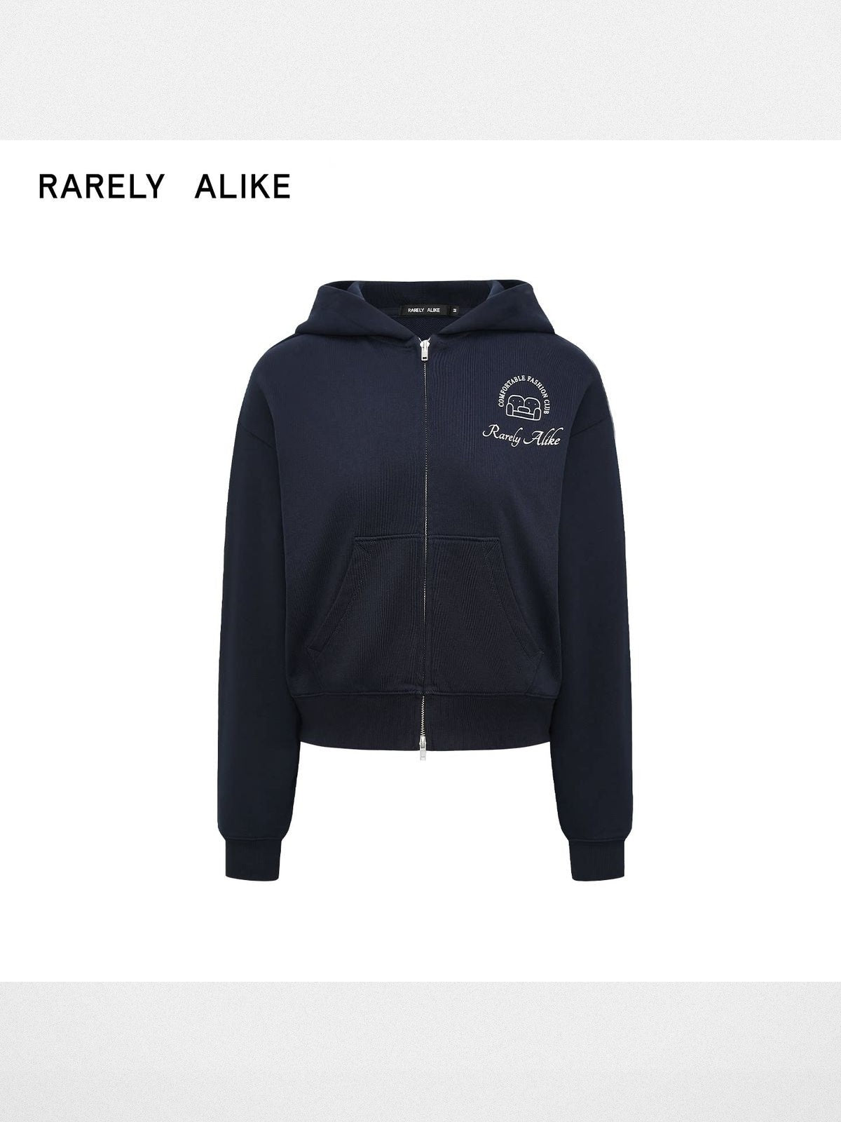 RARELY ALIKE Comfort Club Graphic Zip Up Hoodie in Navy Blue