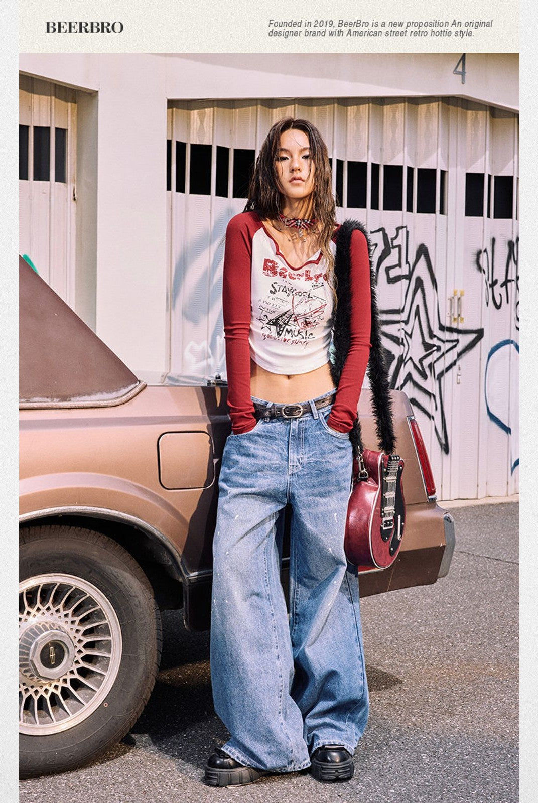 BeerBro Rock Graphic Raglan Tee in Red - Lifestyle