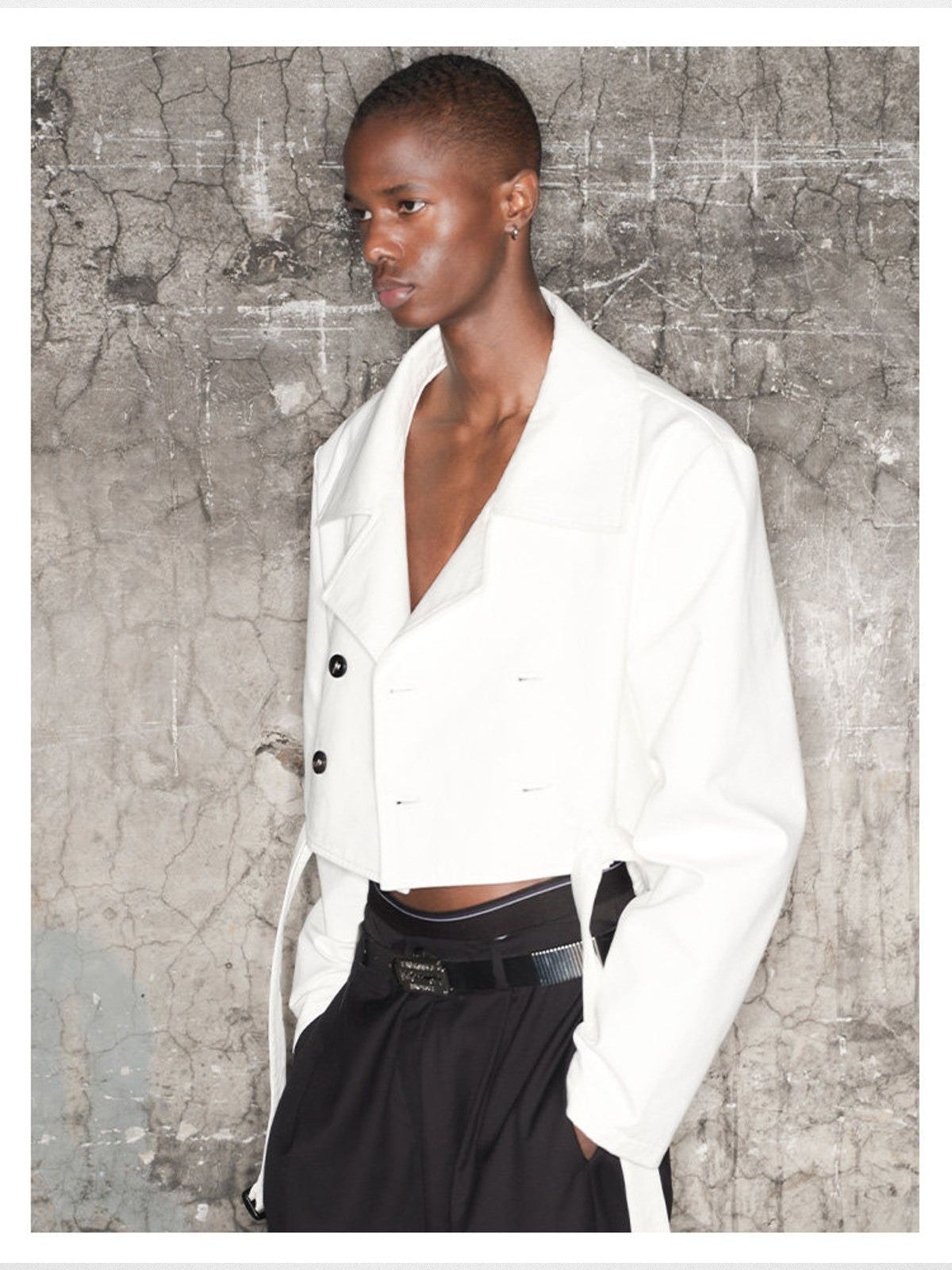 TRIANGLE PROJECT Deconstructed Double Breasted Jacket in White - On Model