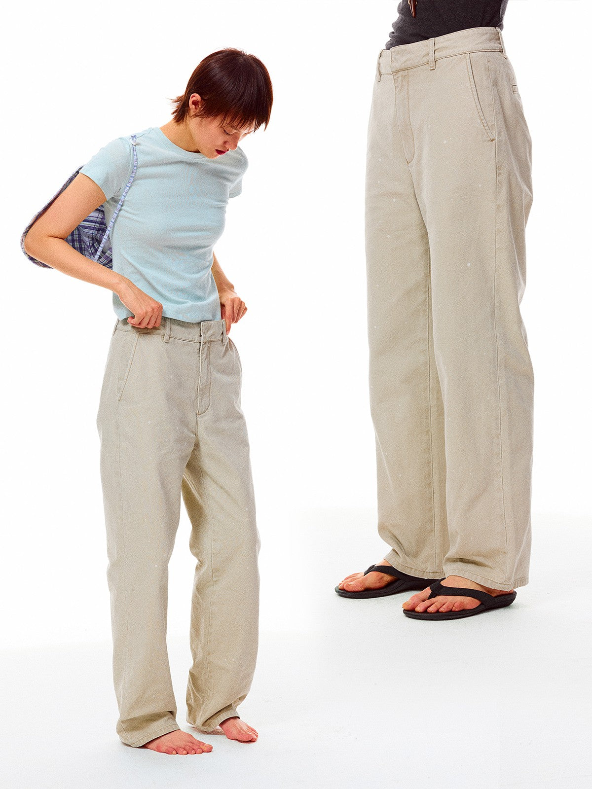 Alright Then Washed Canvas Splatter Pants in Beige - On Model