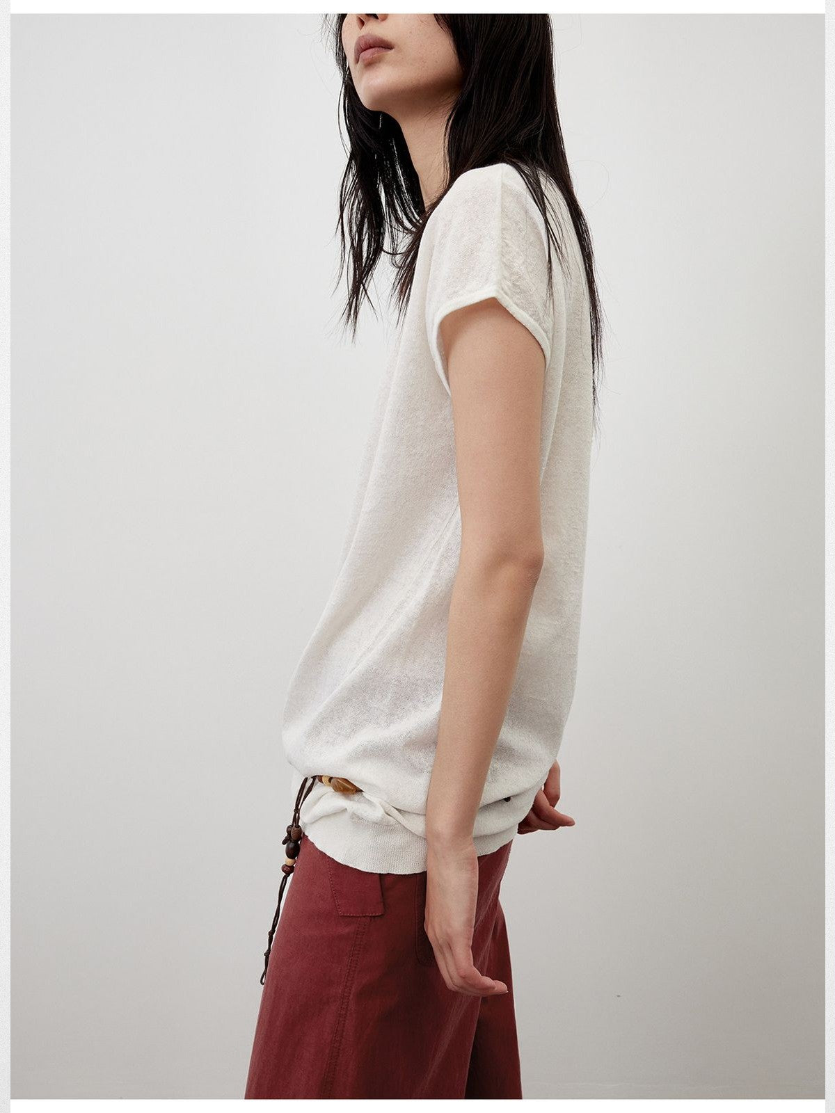 RandomPiece Asymmetric Linen Blend Knit Top in White - On Model