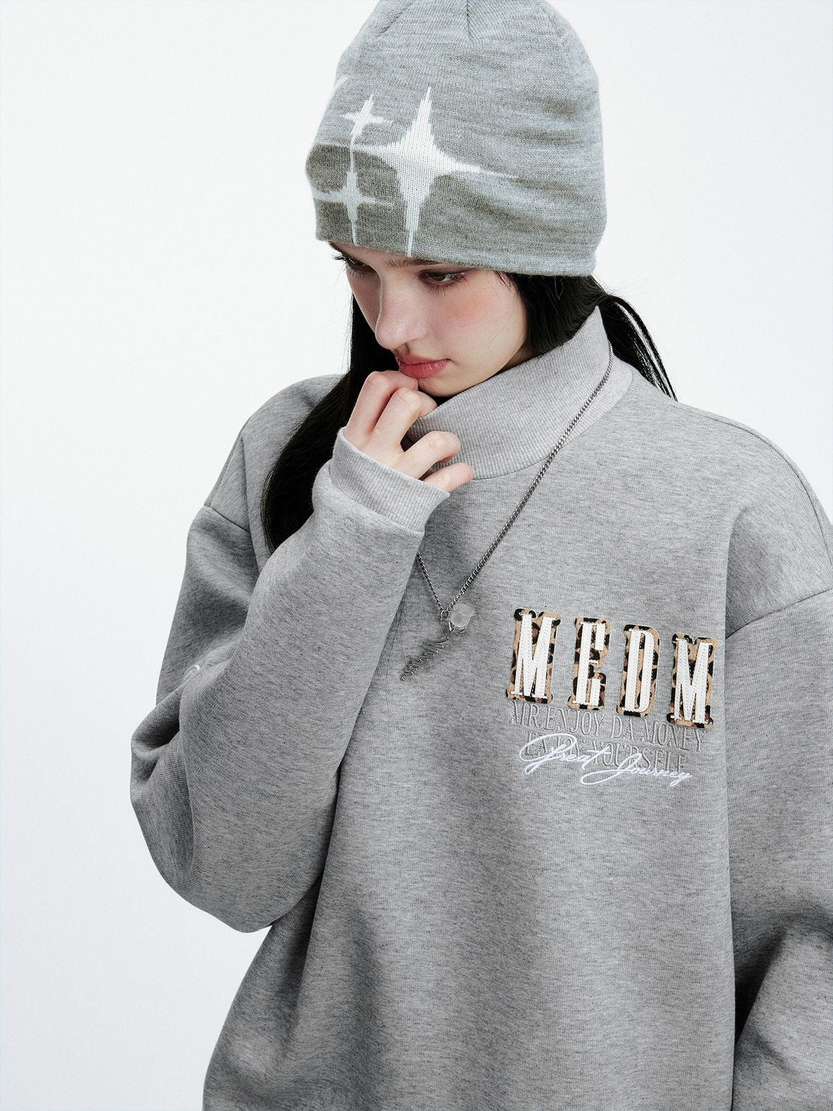 MEDM Leather Patchwork Logo Sweatshirt in Gray - On Female Model