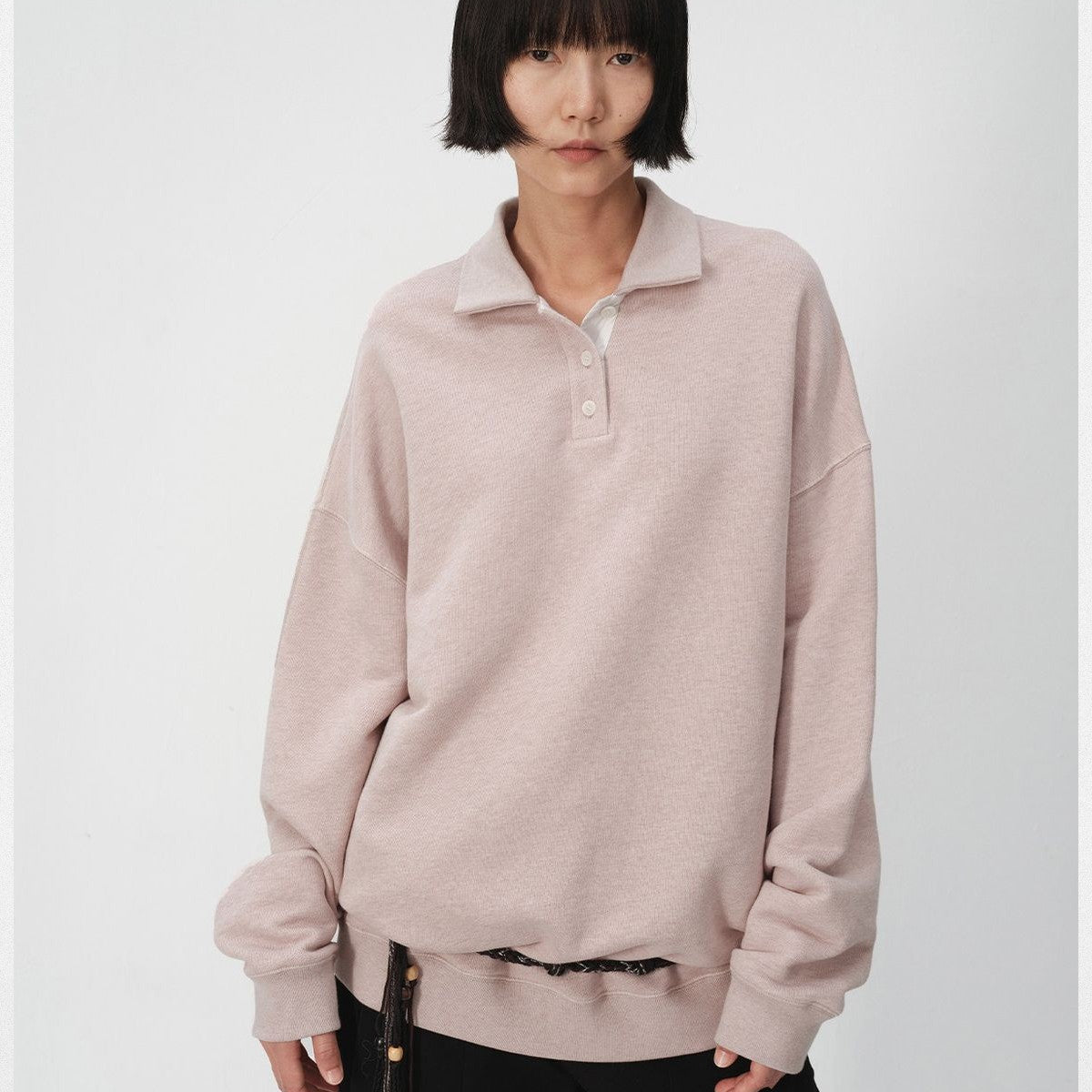 RandomPiece Cotton Polo Collar Sweatshirt in Pink - On Model