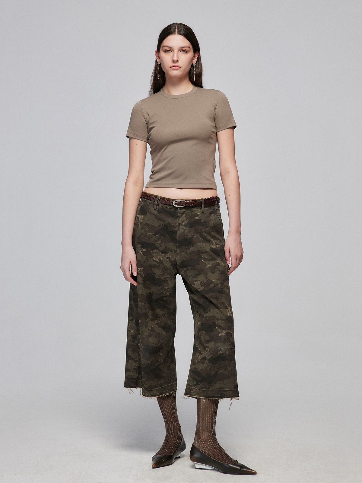 Simple Project Cotton Blend Asymmetric Seam Tee in Beige - On Model