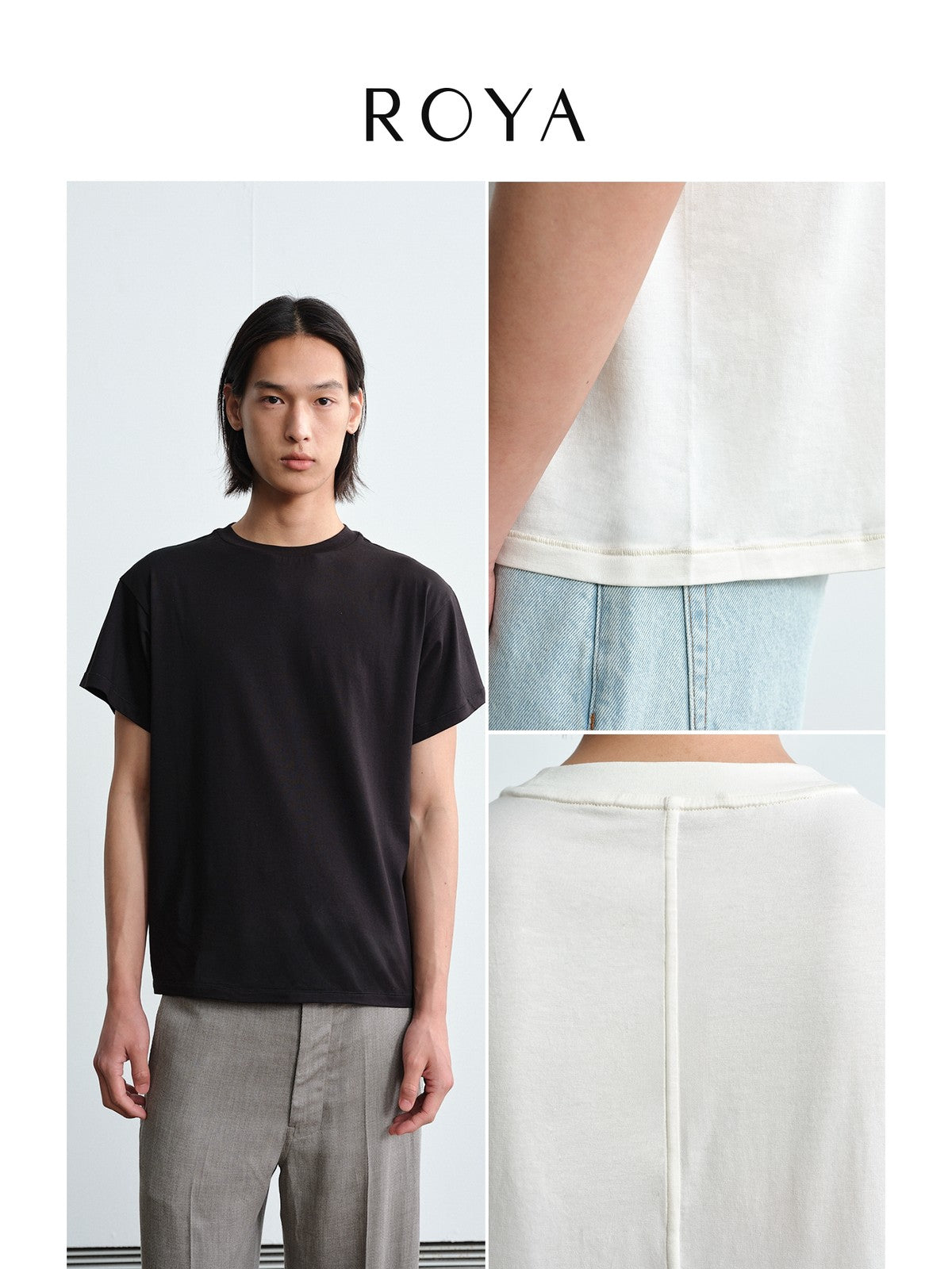 ROYA Center Seam Modal Cotton T Shirt in Black - On Model