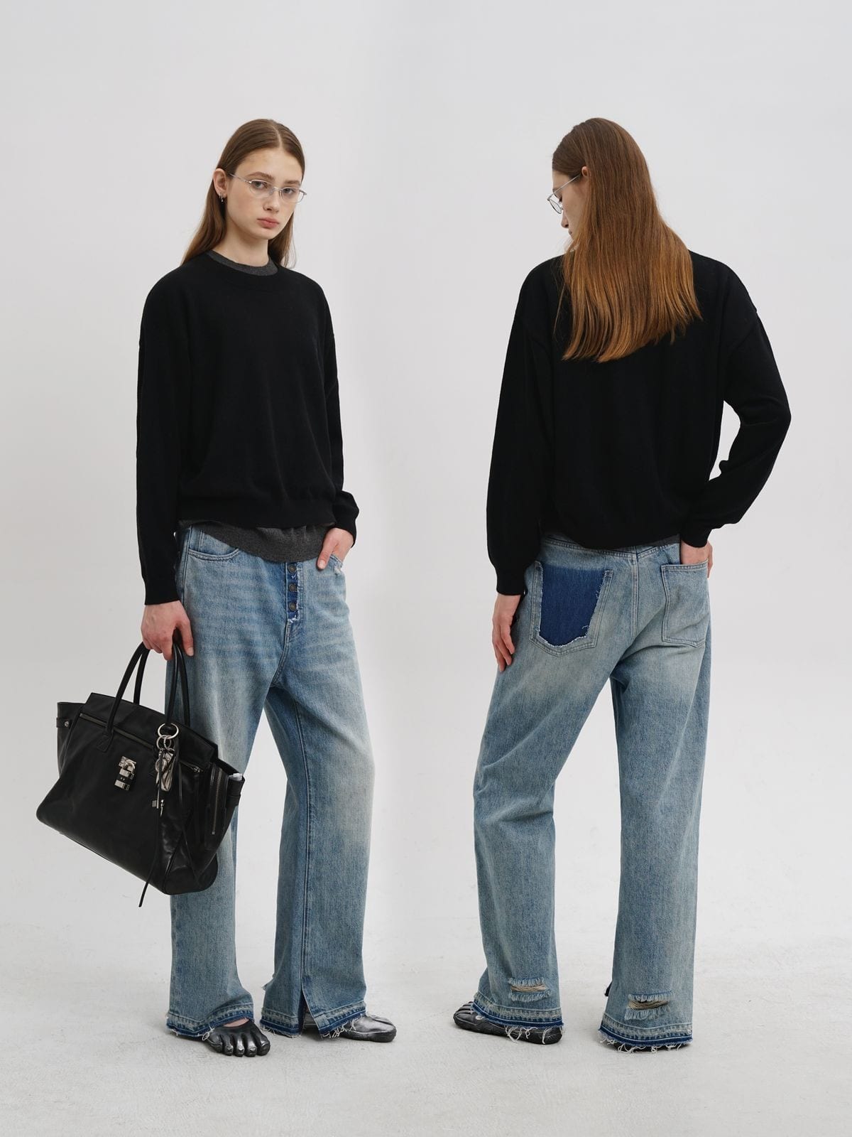 MasonPrince Mock Layer Wool Blend Sweater in Black - On Female Model