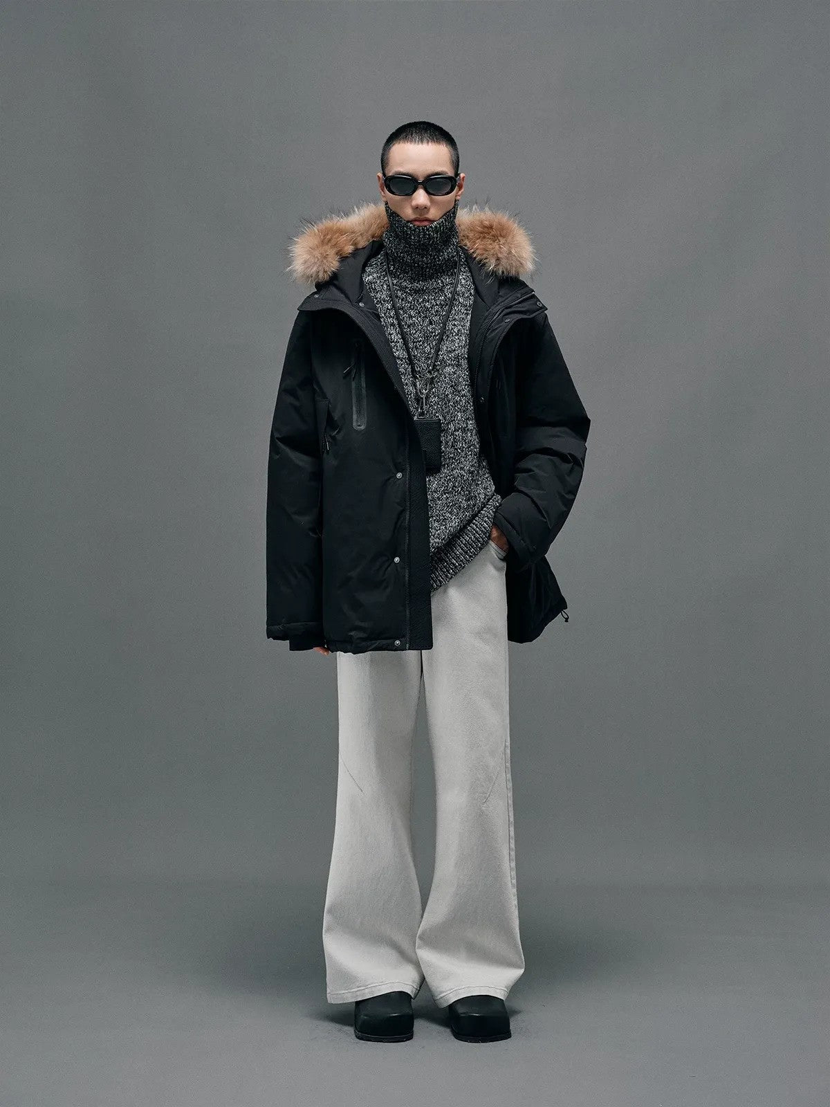 NANS Goose Down Parka with Fur Collar in Black - On Male Model