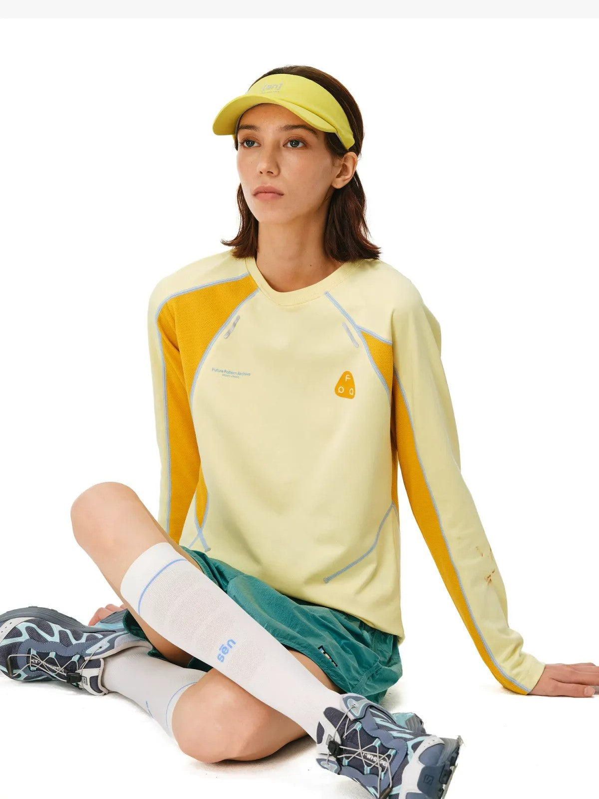 FPA Panelled Color Block Long Sleeve Tee in Yellow - On Model