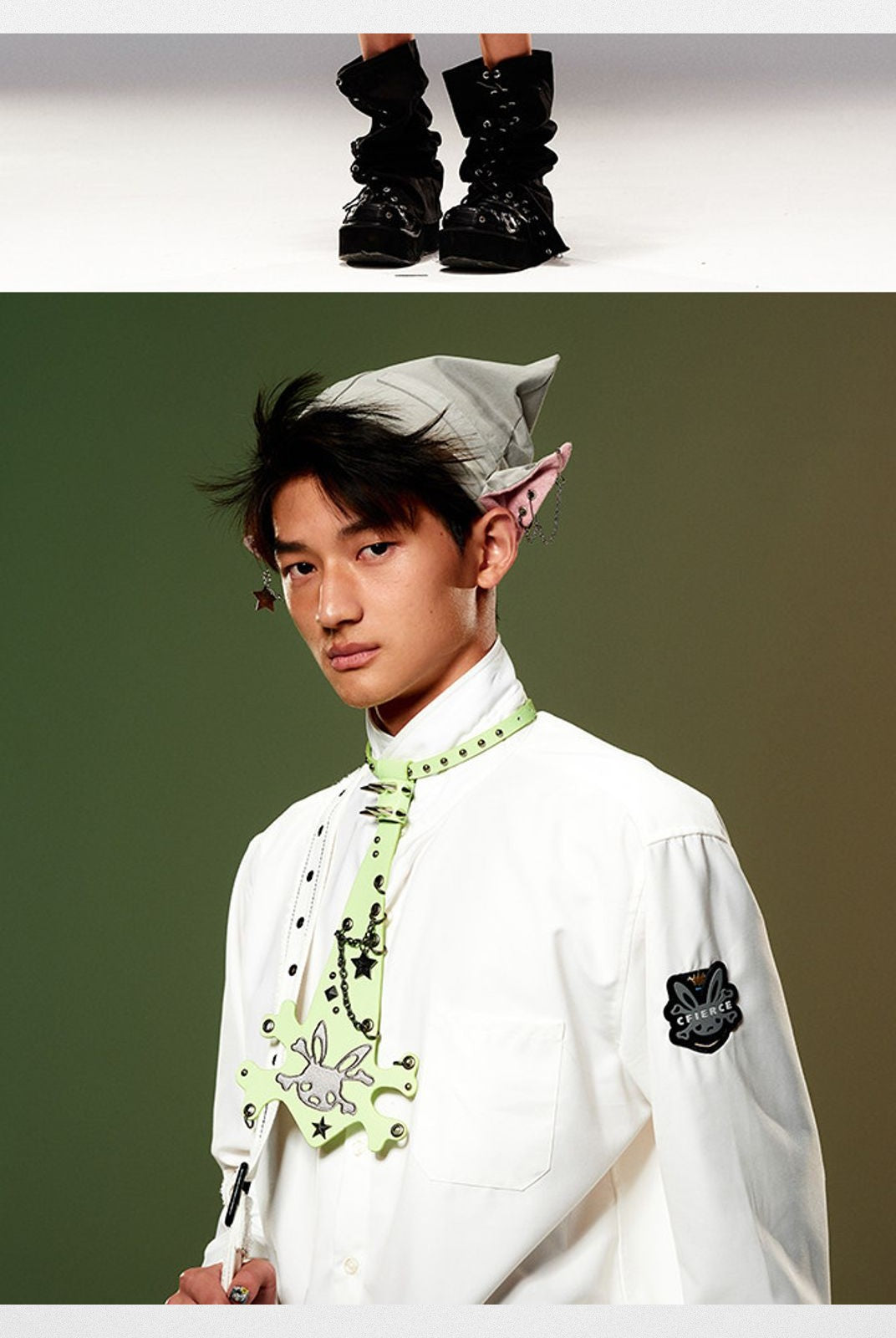 CFIERCE Chain Detail Elf Ear Hat in Gray - On Model