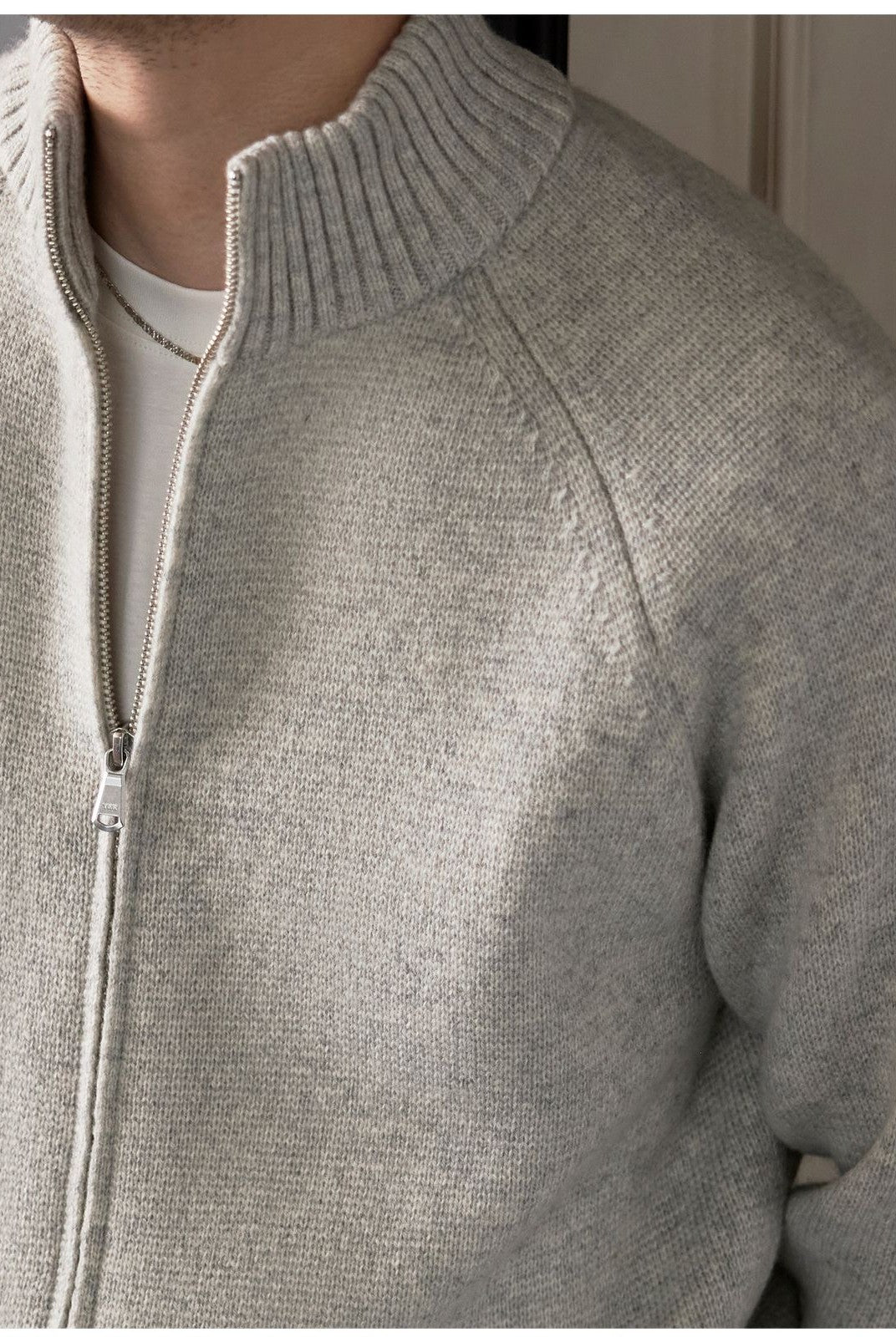 Roolrren Homme 100 Wool Stand Collar Zip Cardigan in Gray - On Model