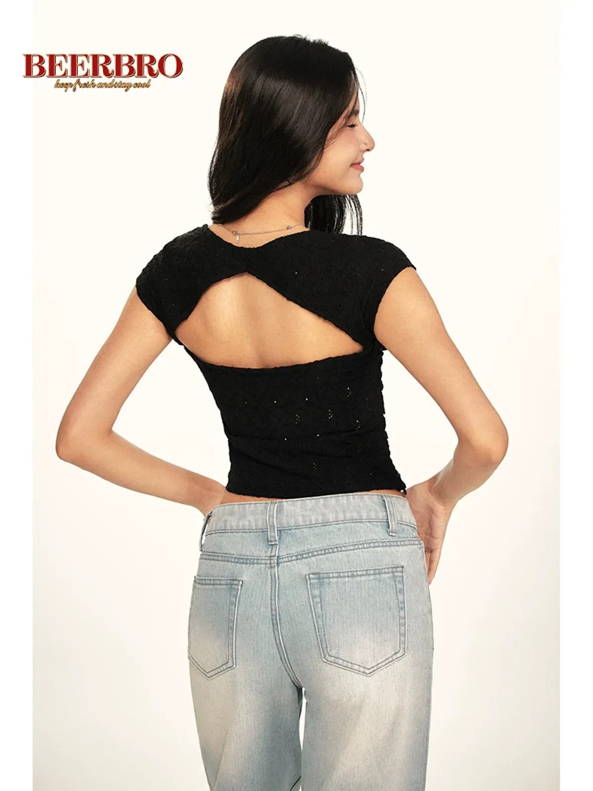 BeerBro Jacquard Square Neck Crop Top in Black - On Model