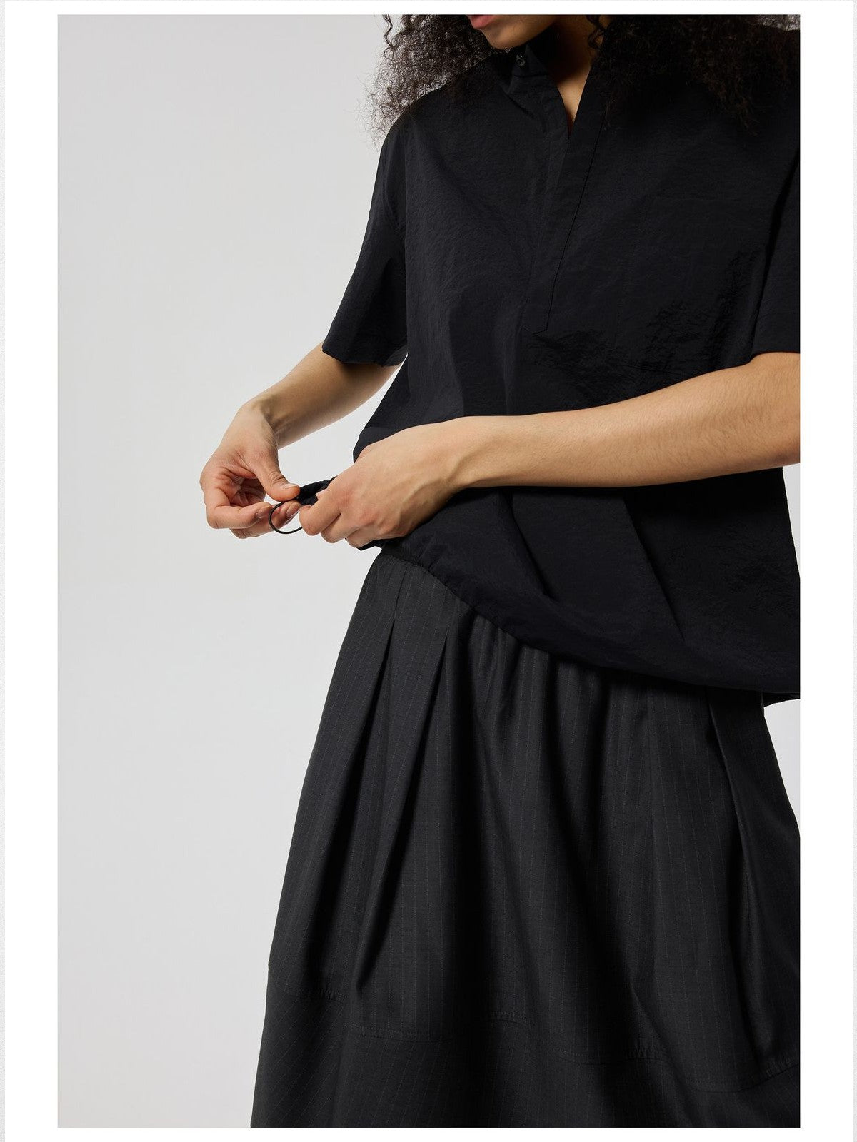 Simple Project Half Placket Nylon Shirt in Black - On Female Model