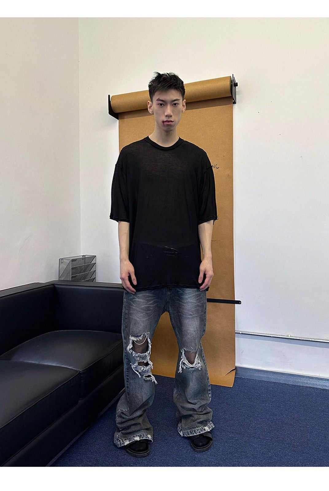 TRIANGLE PROJECT Distressed Dirty Wash Micro Flare Jeans in Denim - On Model