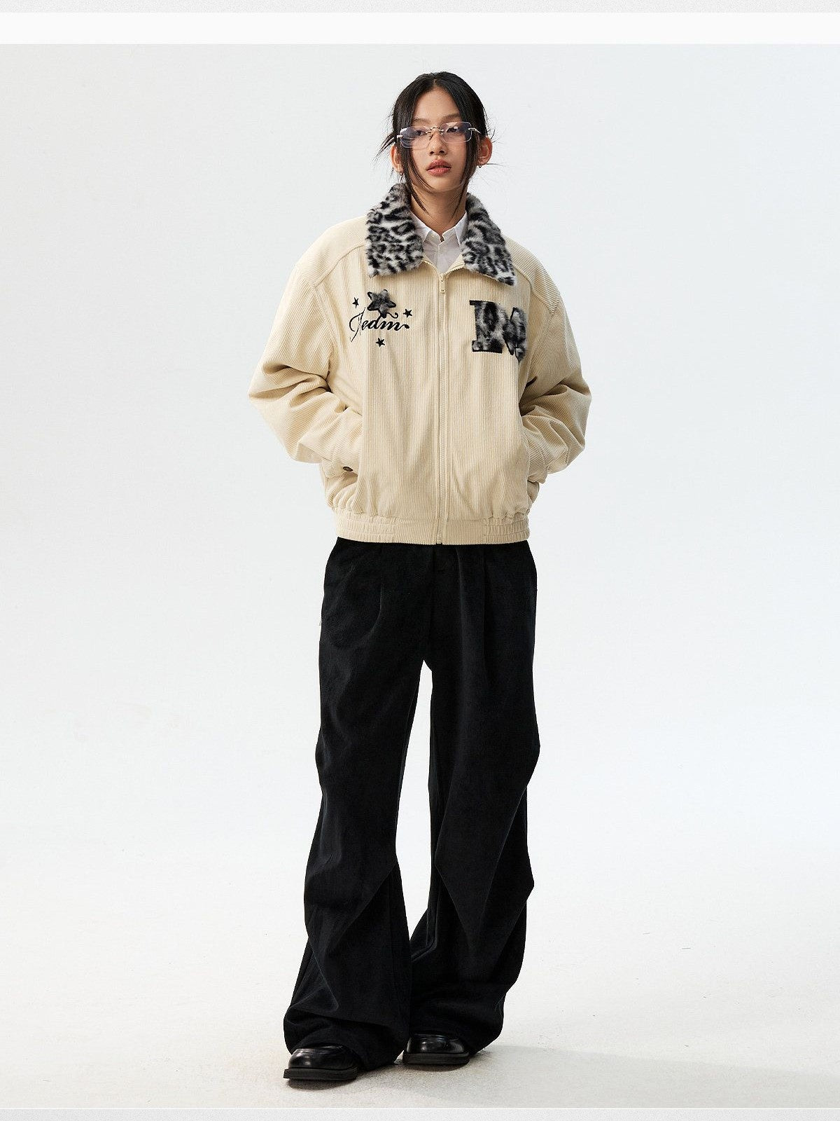 MEDM Leopard Collar Corduroy Padded Jacket in Cream - On Female Model