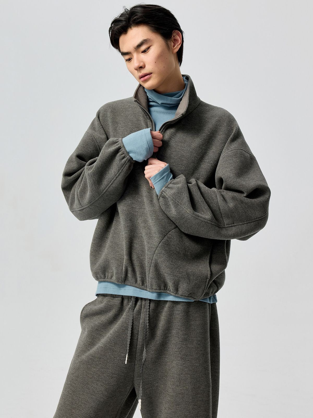 Simple Project Cloud Feel Half Zip Sweatshirt in Olive - On Model