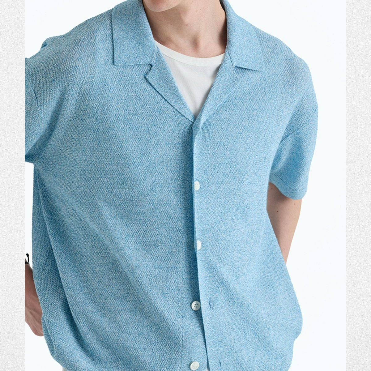 NANS Washi Blend Camp Collar Knit in Sky Blue - On Model