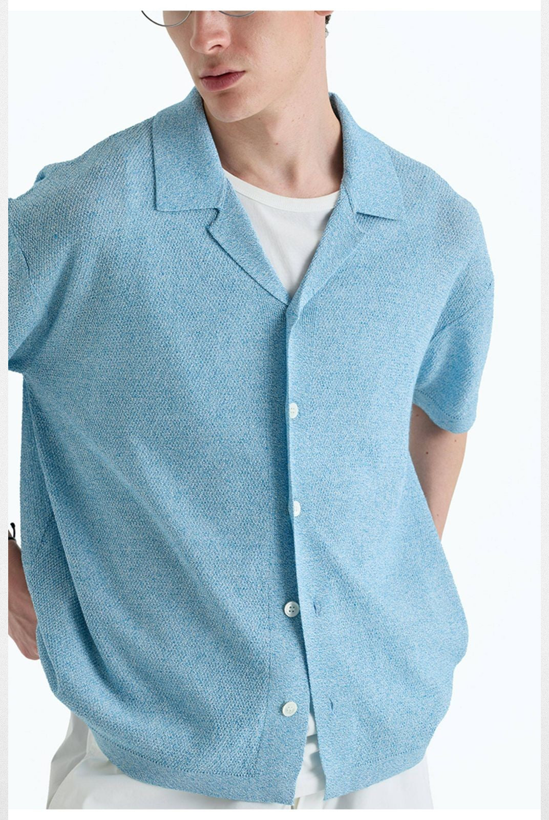 NANS Washi Blend Camp Collar Knit in Sky Blue - On Model