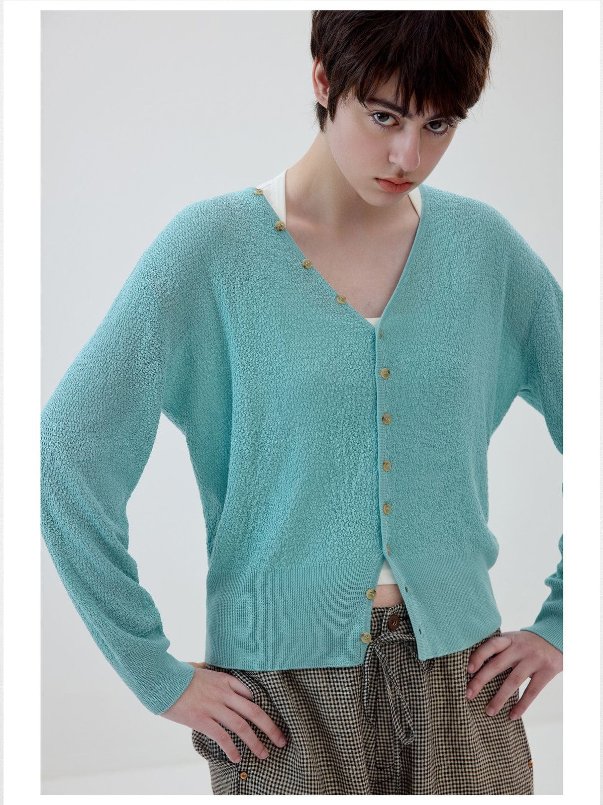 Simple Project Textured Linen Blend Cardigan in Teal - On Female Model