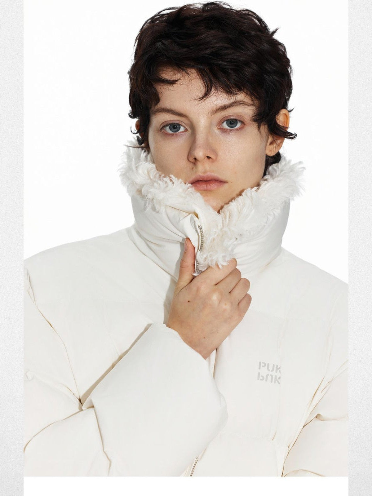 PUKI Cropped Down Puffer with Fur Collar in White - On Model