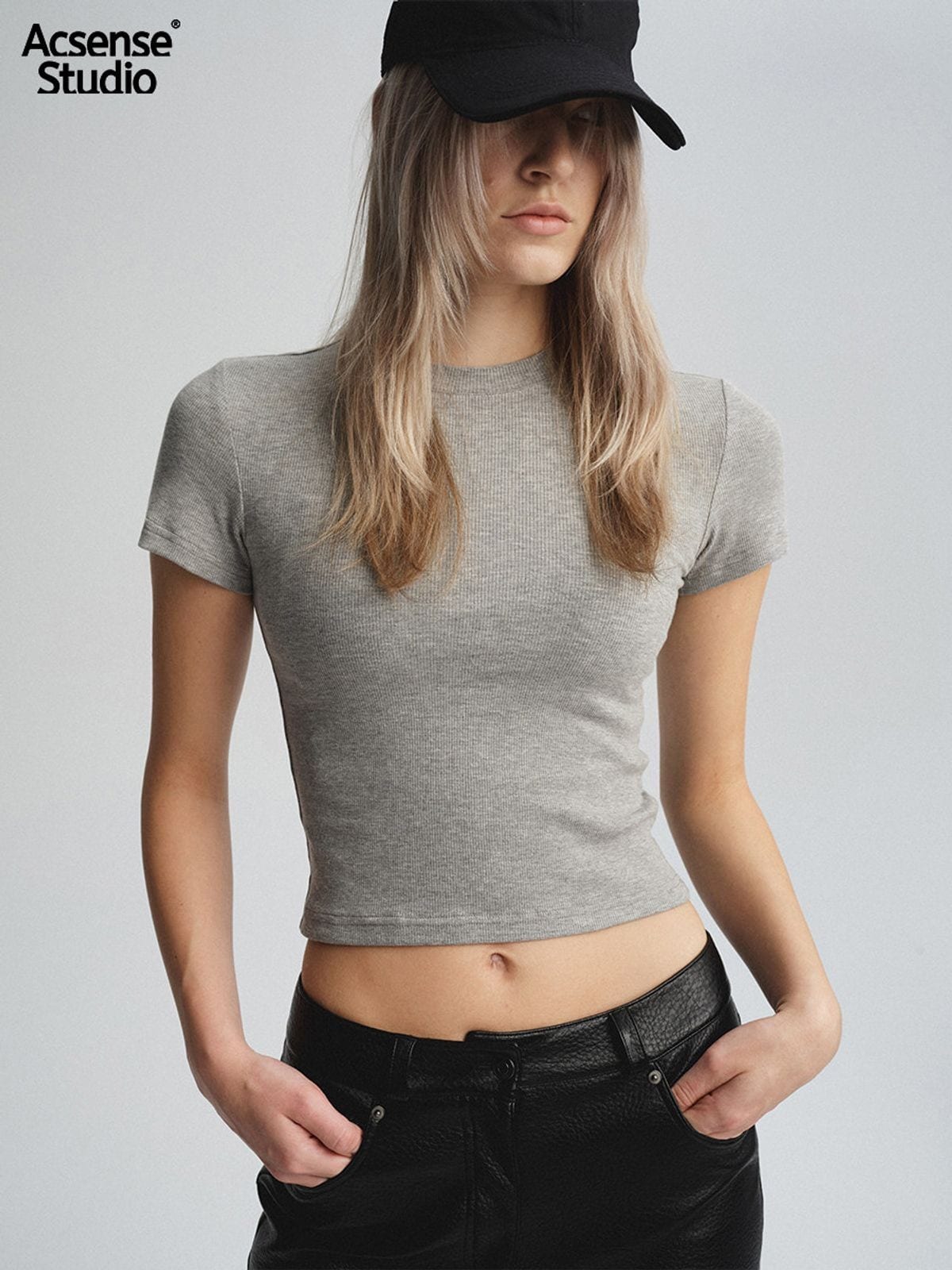 Acsense Studio Brushed Structured Shoulder Tee in Gray - On Model
