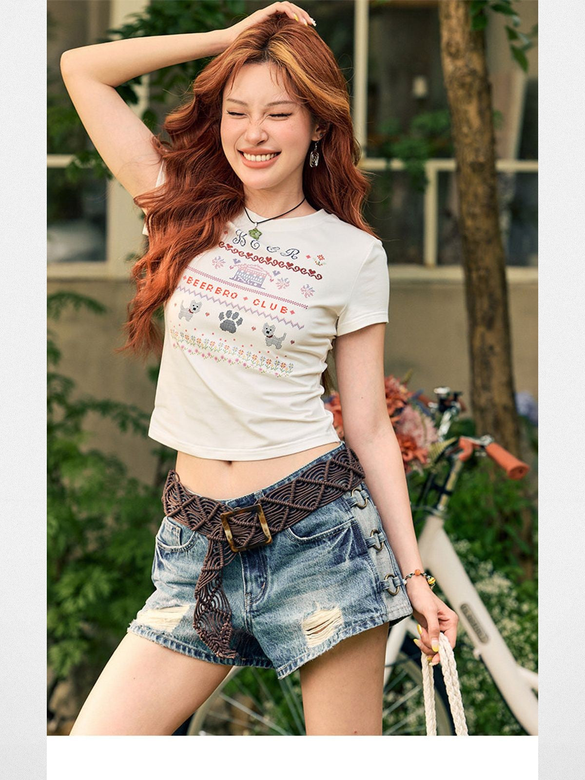 BeerBro Mosaic Puppy Graphic Baby Tee in White - On Model