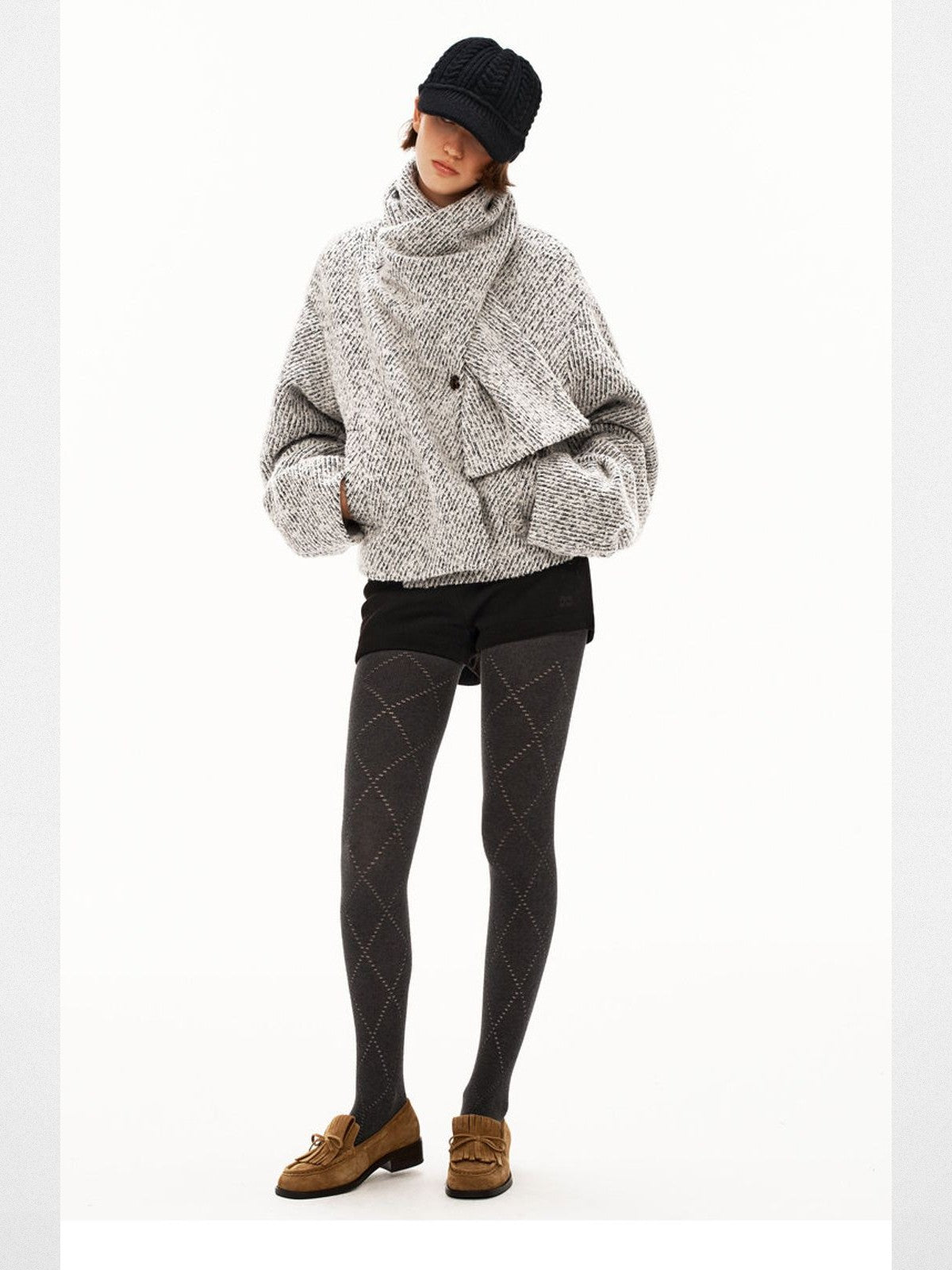 PUKI Scarf Collar Wool Tweed Jacket in Gray - On Model