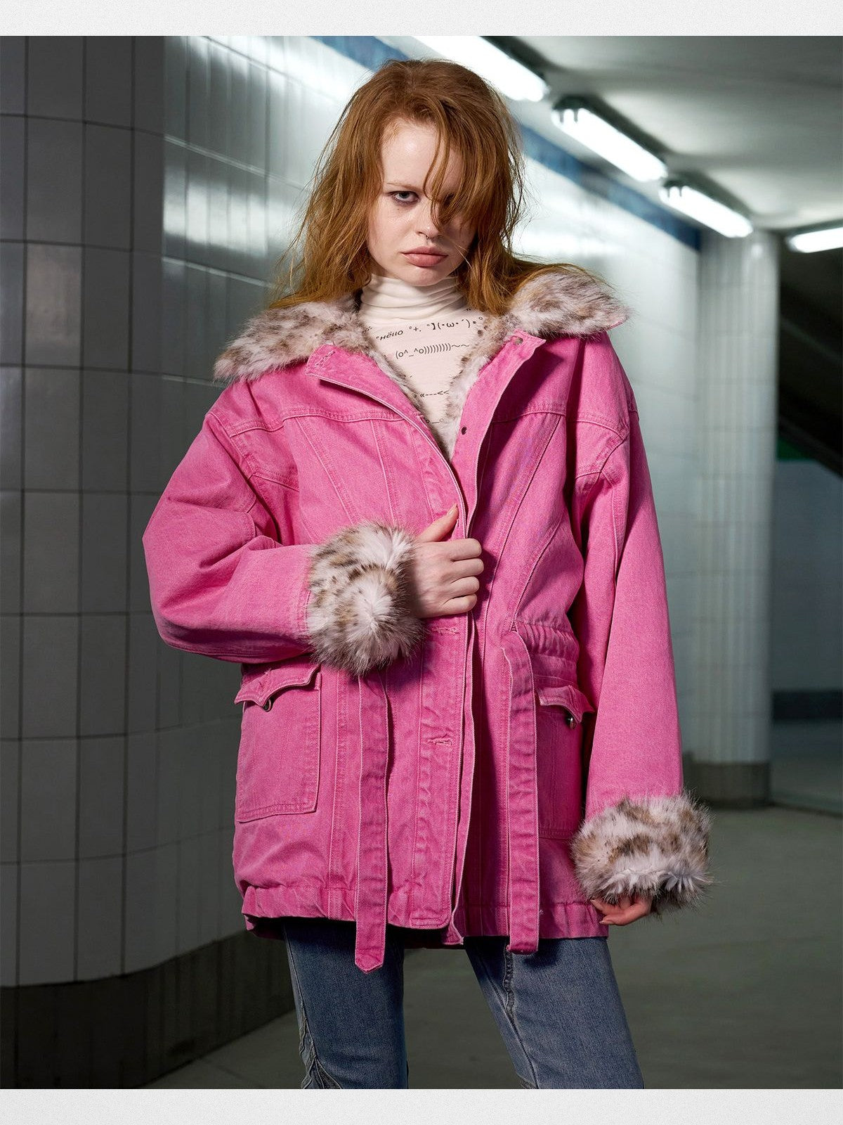 CFIERCE Leopard Lined Pink Denim Jacket in Hot Pink - On Female Model