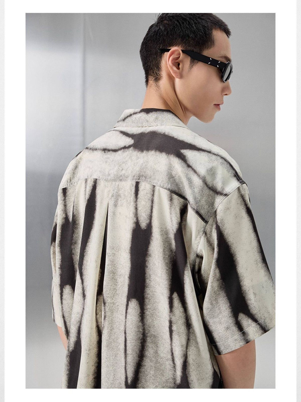 NANS Ink Splash Print Cuban Collar Shirt in Black - On Model