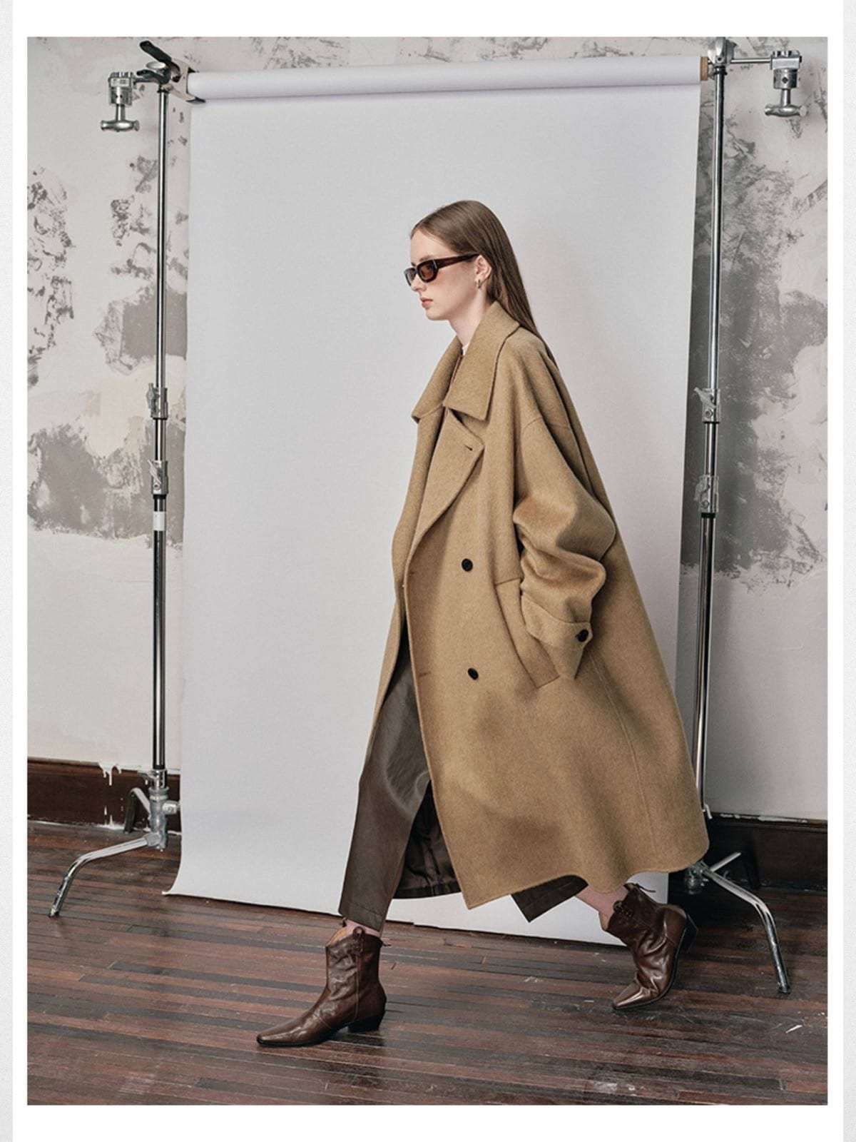 Nans Handmade Double Faced Wool Coat in Beige - On Female Model