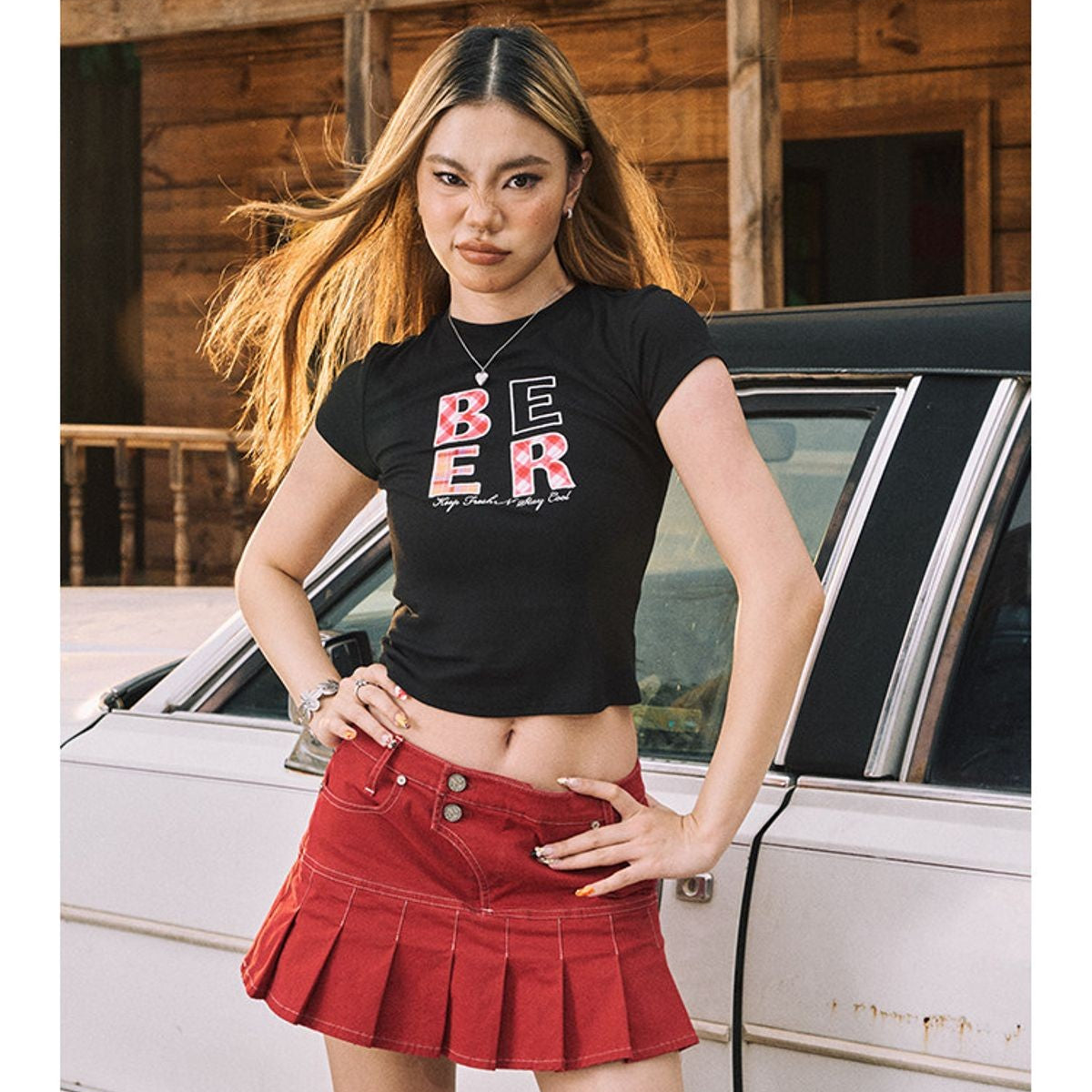 BeerBro Plaid Appliqu Baby Tee in Black - On Model