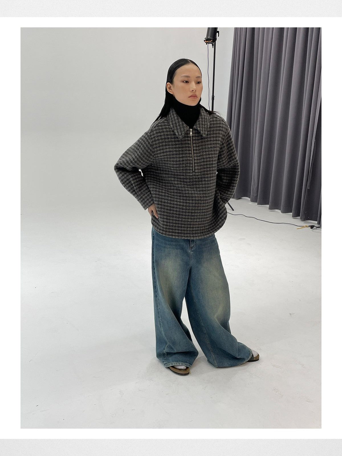 alright then Houndstooth Wool Blend Half Zip Jacket in Gray - On Model