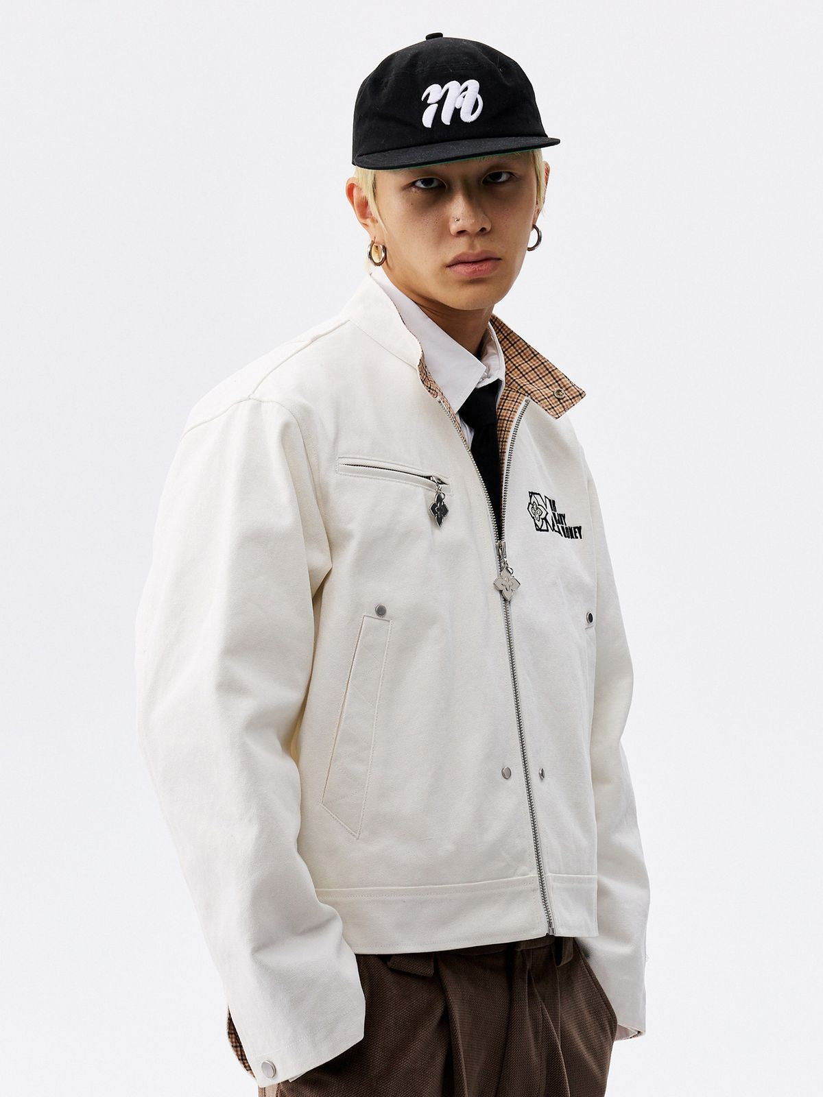 MEDM Plaid Patchwork Cotton Jacket in White - On Model