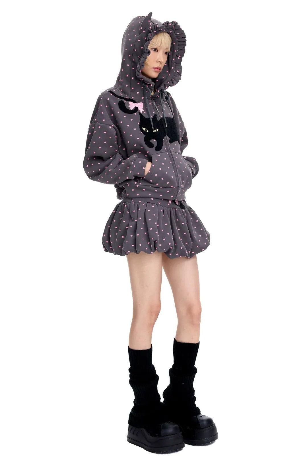 CFIERCE Embroidered Cat Tail Bubble Skirt in Gray - On Model