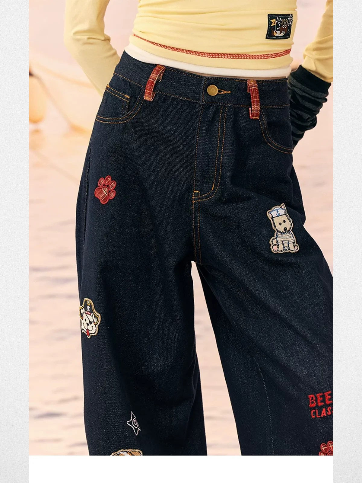 BeerBro Embroidered Plaid Cuff Jeans in Navy - On Model