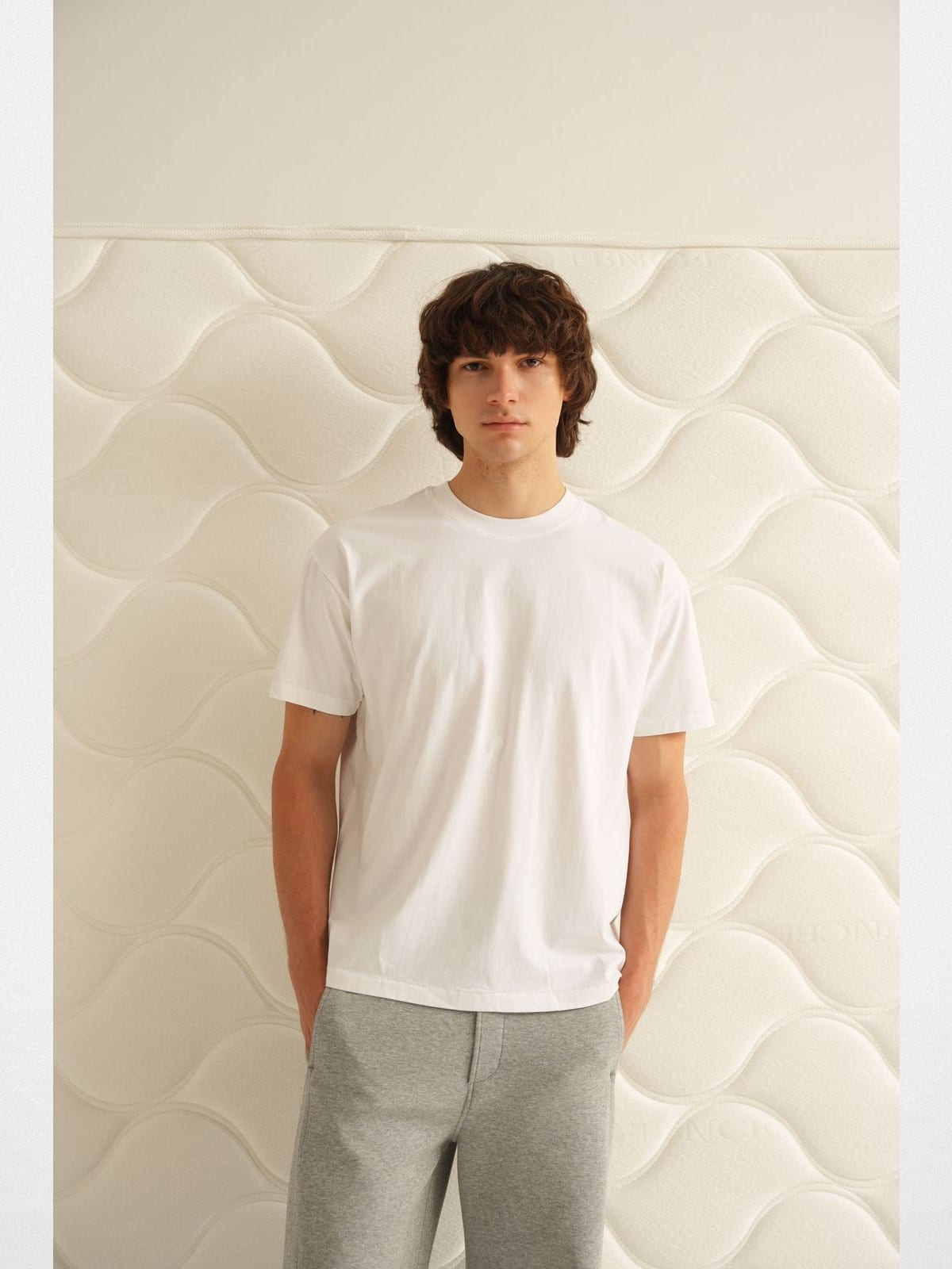 Retro21 Tubular Knit Brushed Cotton T Shirt in White - On Model
