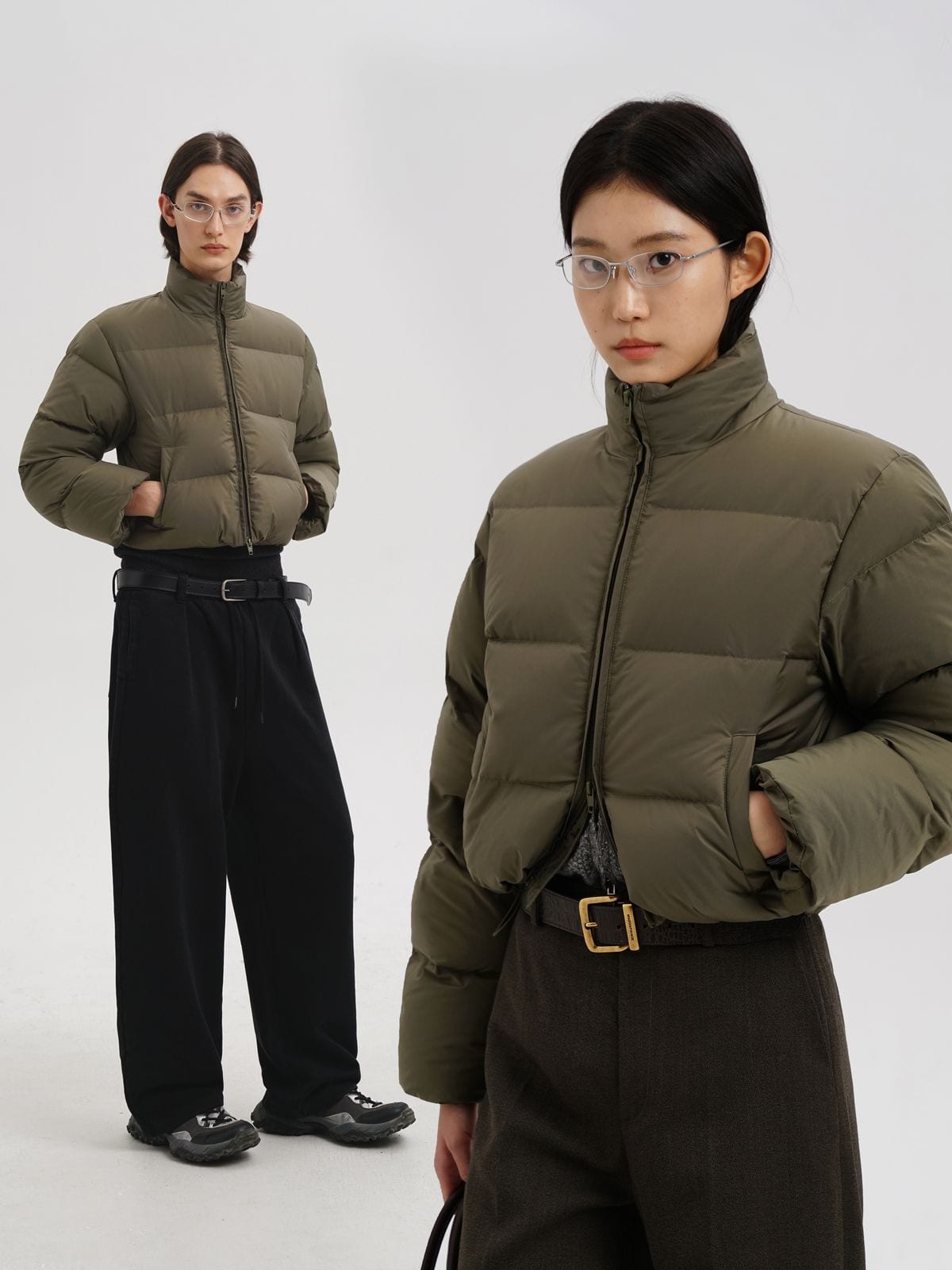 MasonPrince Cropped Down Puffer Jacket in Olive - On Female Model