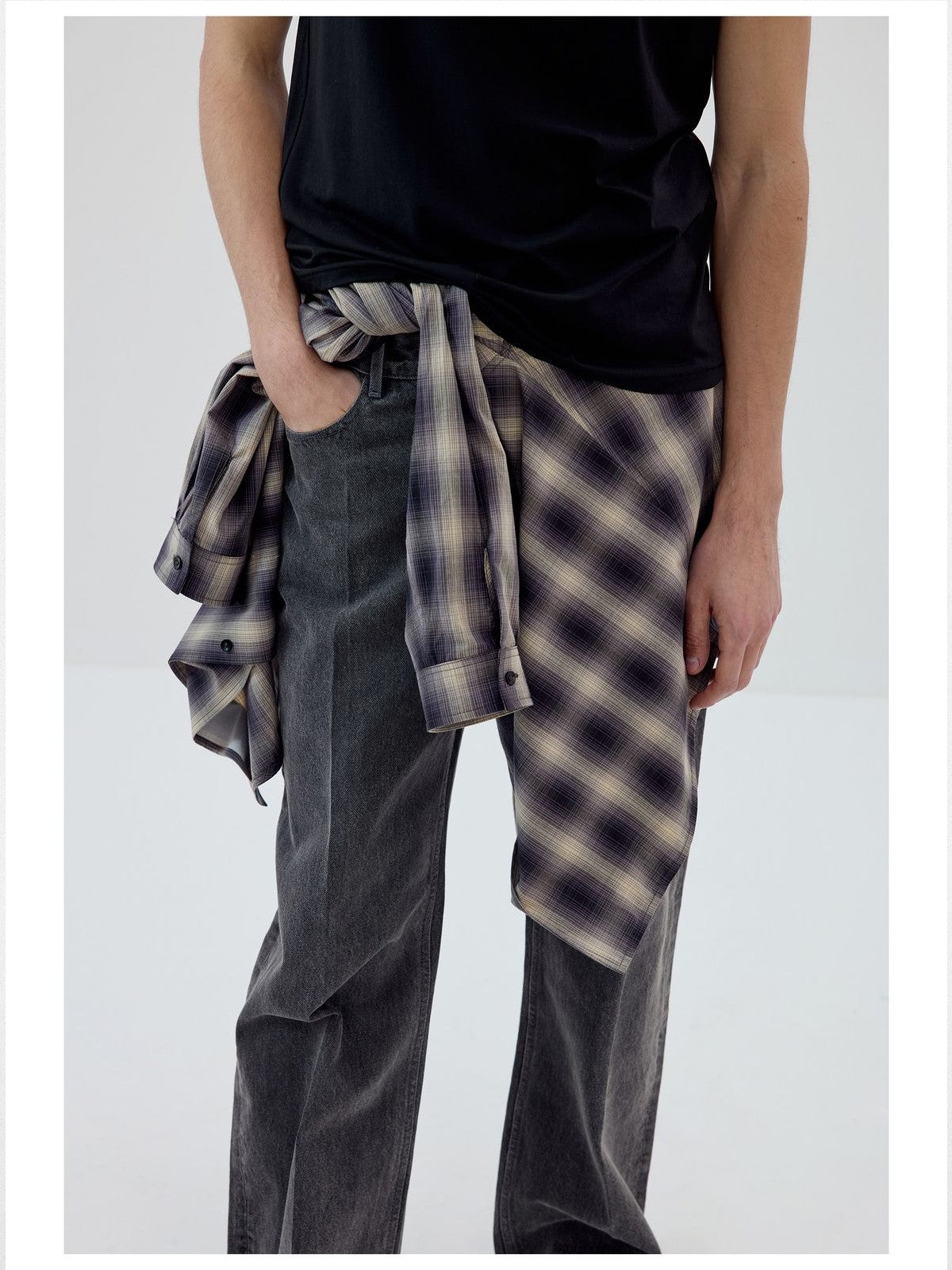 Simple Project Ruched Plaid Shawl Collar Shirt in Off-White - On Male Model