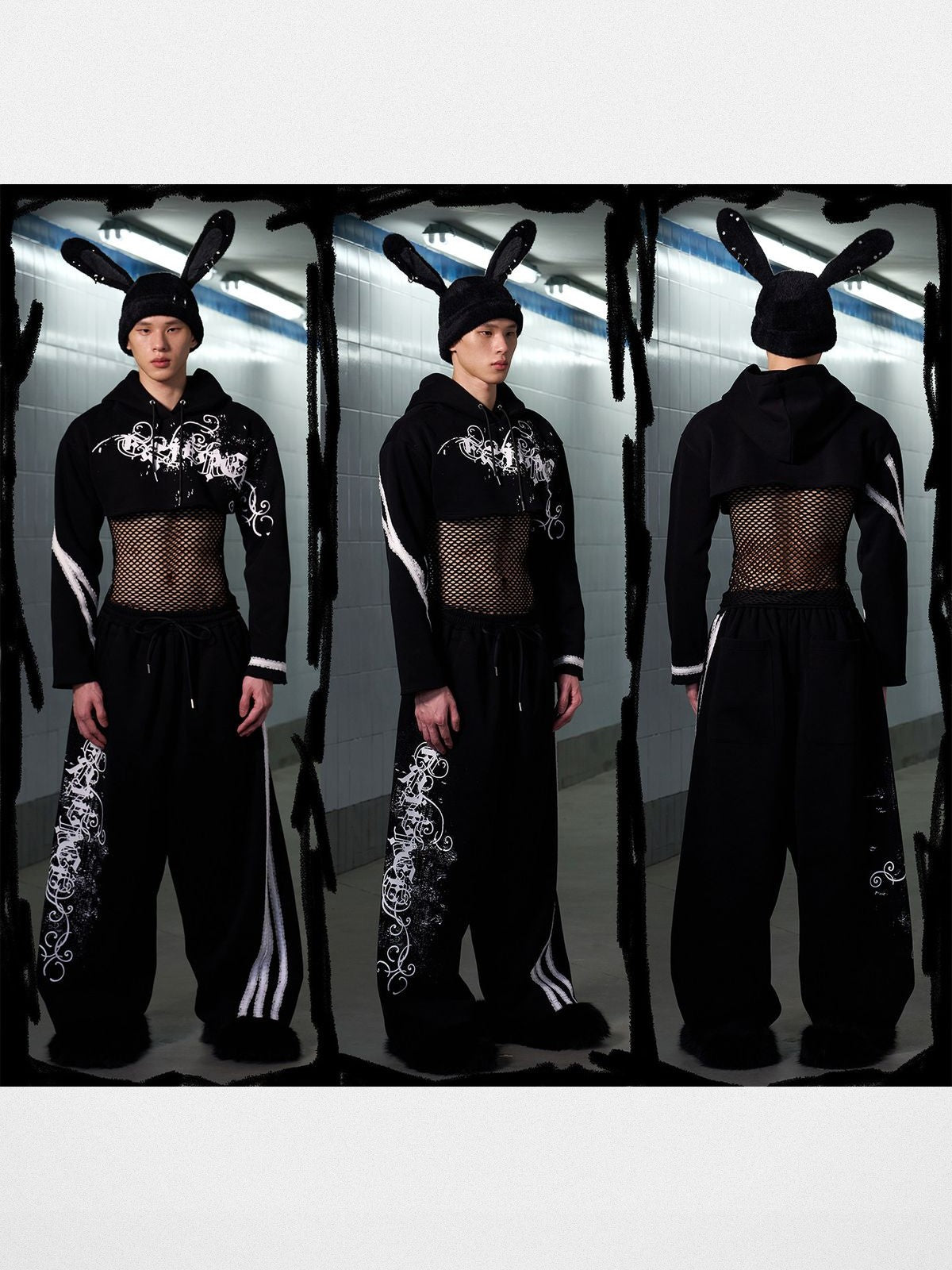 CFIERCE Paint Splash Lace Detail Joggers in Black - On Male Model