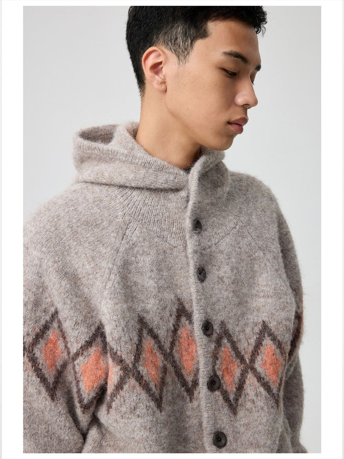 Simple Project Offset Argyle Hooded Cardigan in Beige - On Male Model