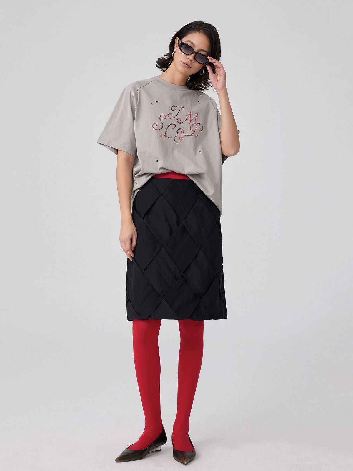 Simple Project Studded Script Logo T Shirt in Beige - On Female Model