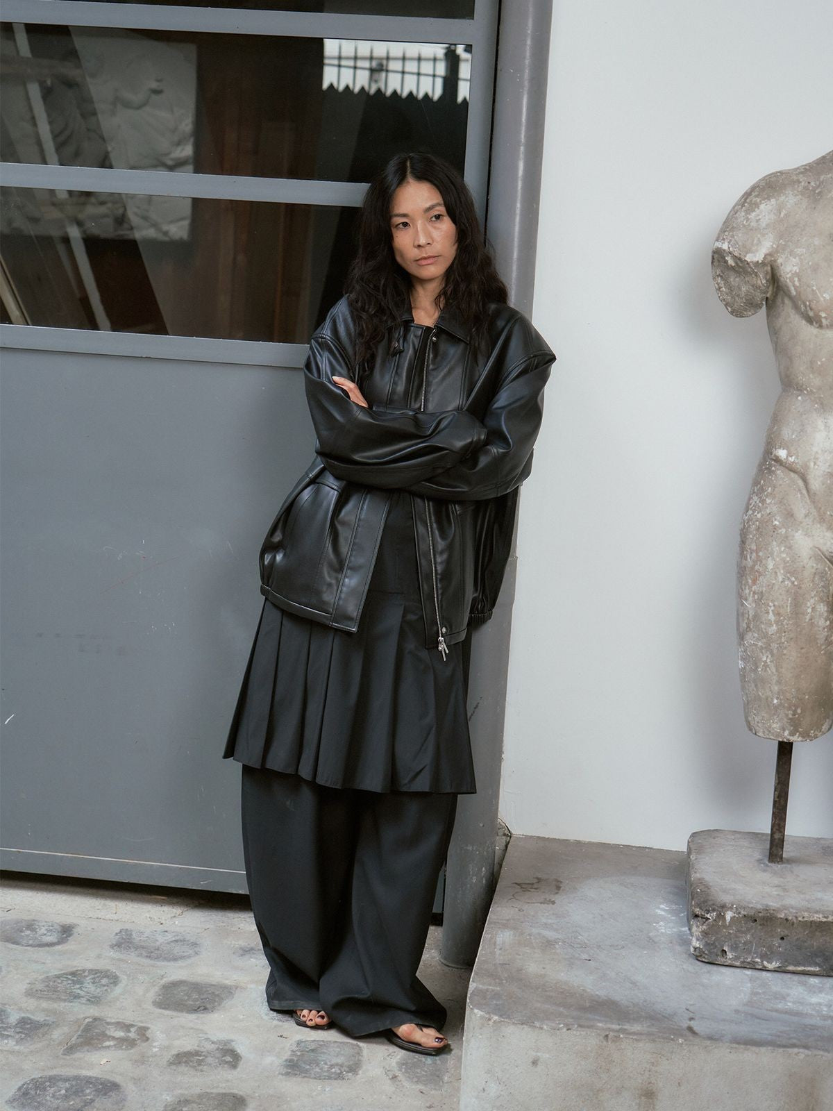 RandomPiece Oversized Matte Faux Leather Jacket in Black - On Model