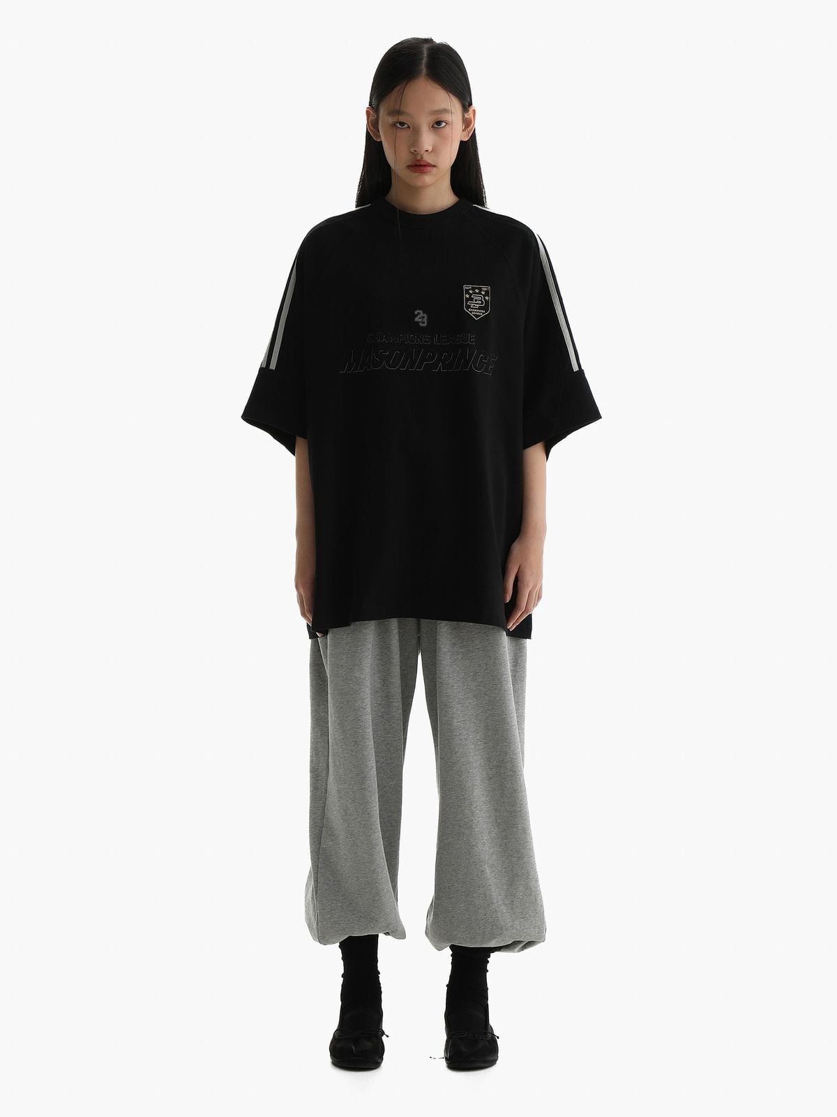 MasonPrince Oversized Raglan Football Tee in Black (Black) - On Female Model