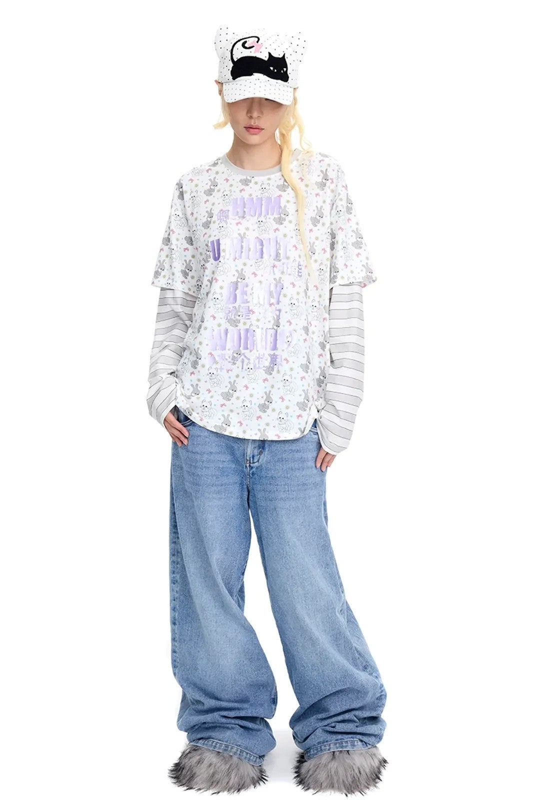 CFIERCE Embroidered Cat Ear Baseball Cap in White - On Model