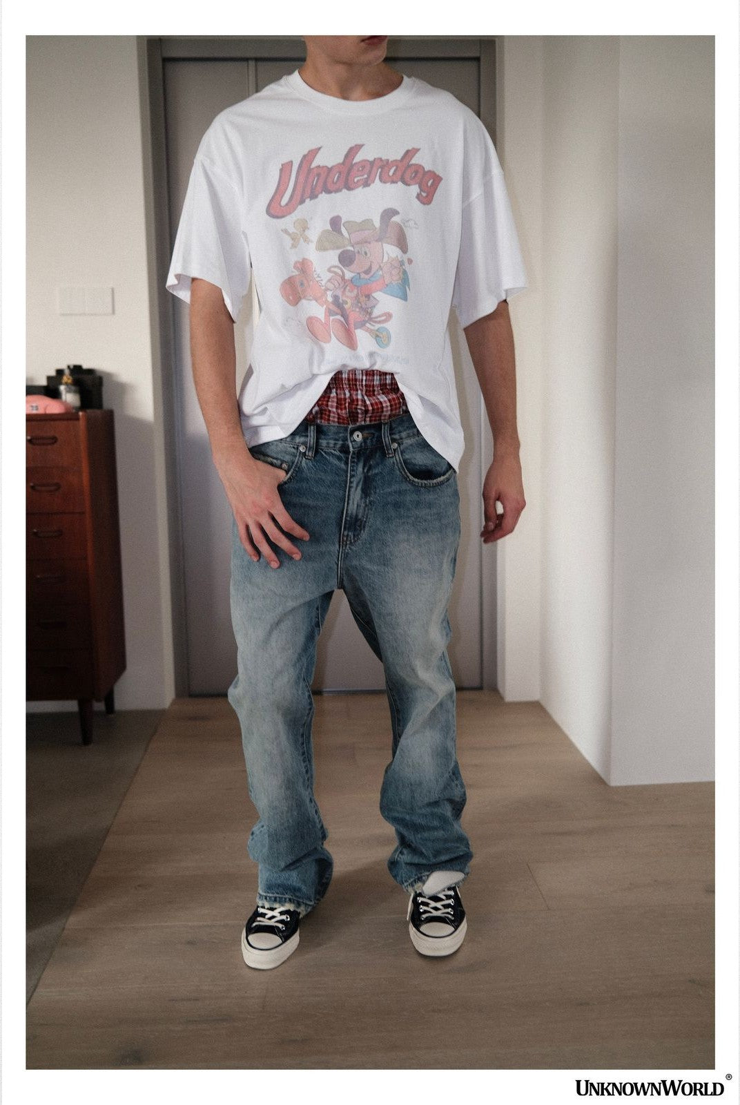 UNKNOWNWORLD Ice Blue Washed Micro Flare Jeans in Blue - On Model