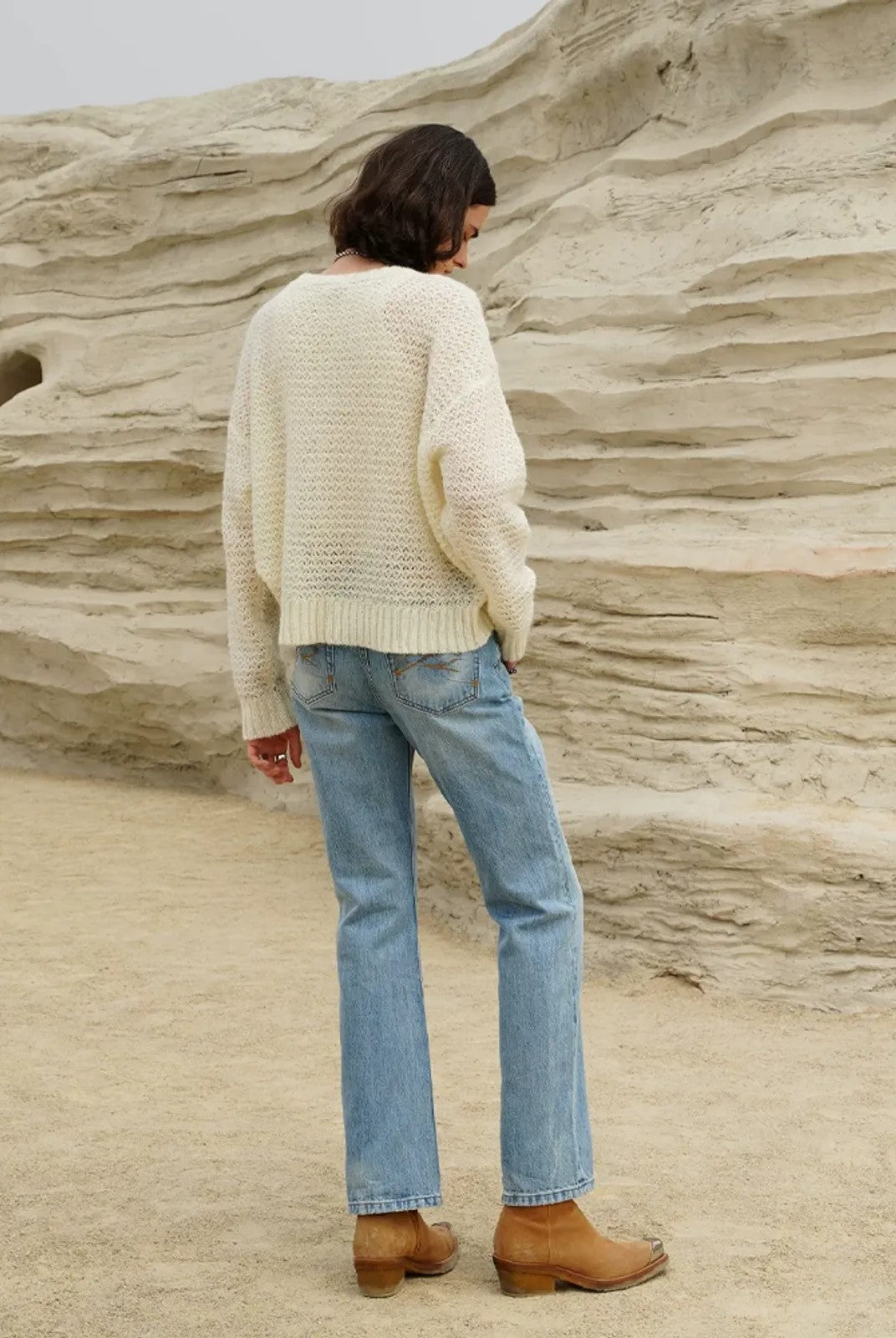 Retro 21 Washed Ice Blue Flared Jeans in Blue - On Model