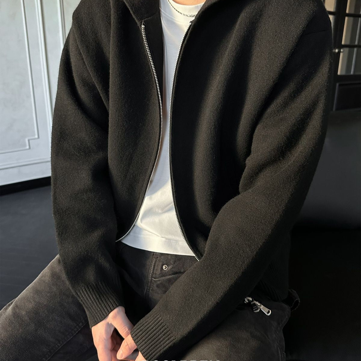 Roolrren Homme Wool Cashmere Zip Up Hoodie in Black - On Model